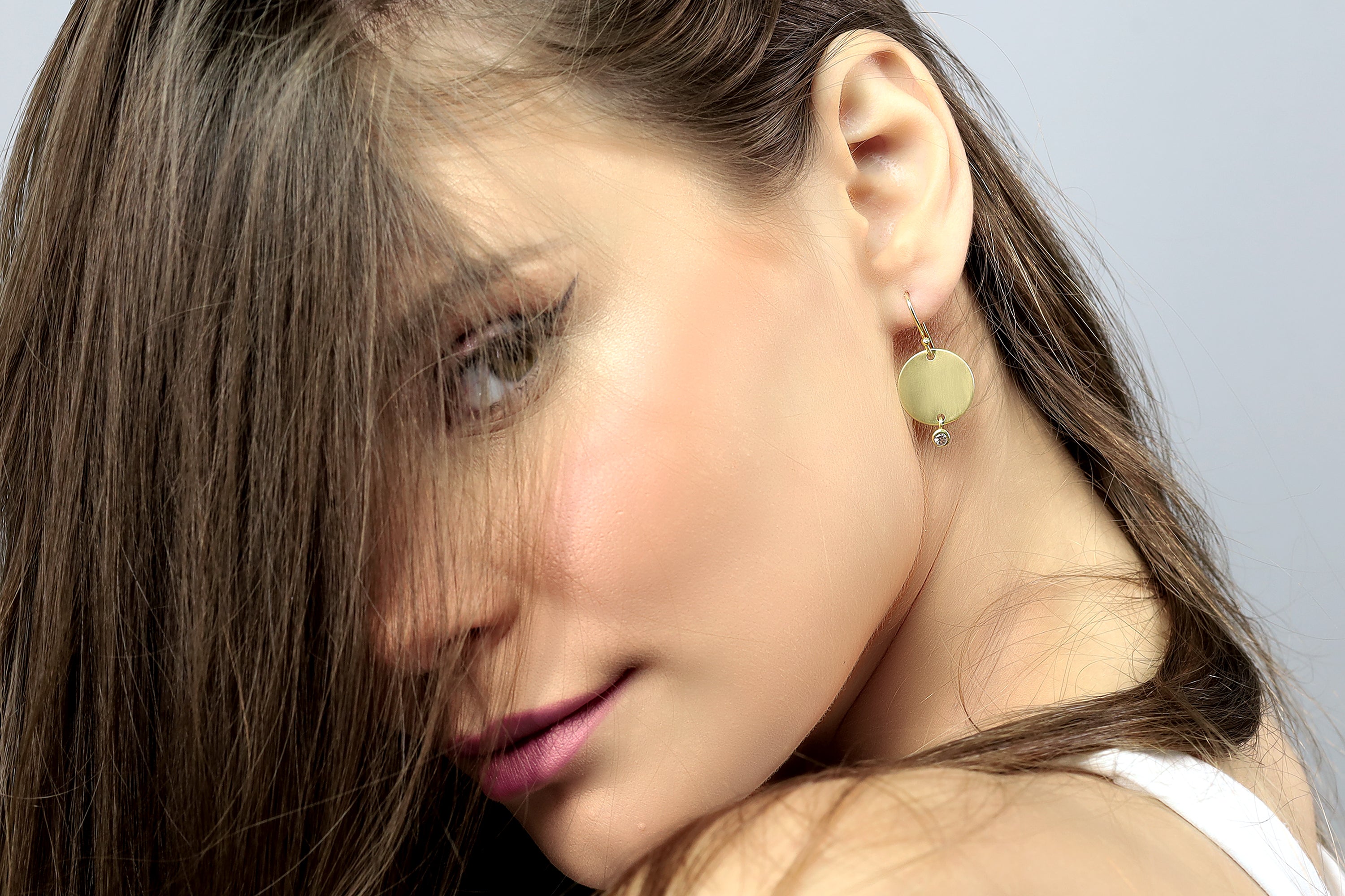 14k Matte Gold Round Coin Earrings With a Dainty CZ Earrings Anemone Jewelry