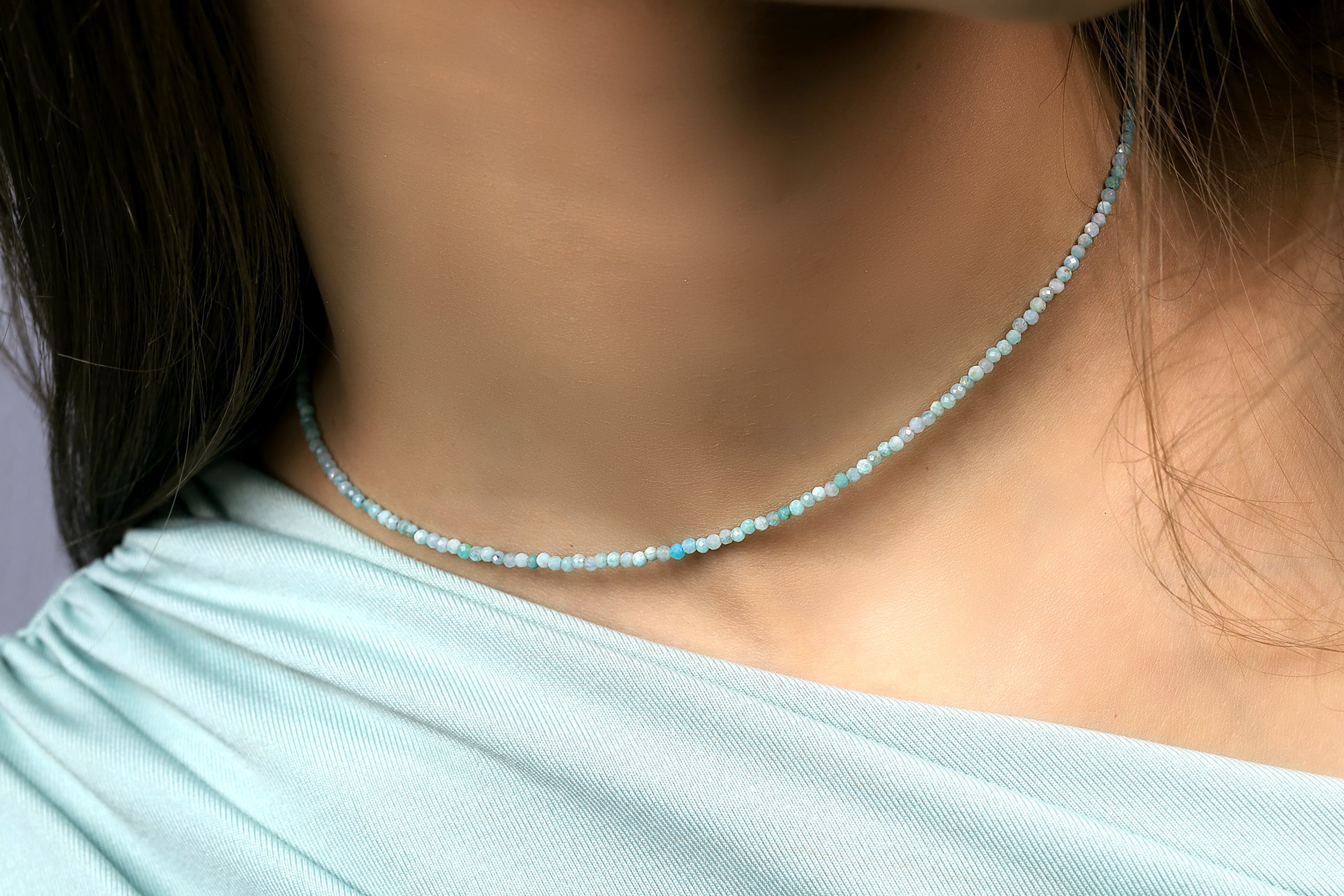 Minimalist 2mm Amazonite Beaded Necklace with Gold Clasp necklaces Anemone Unique