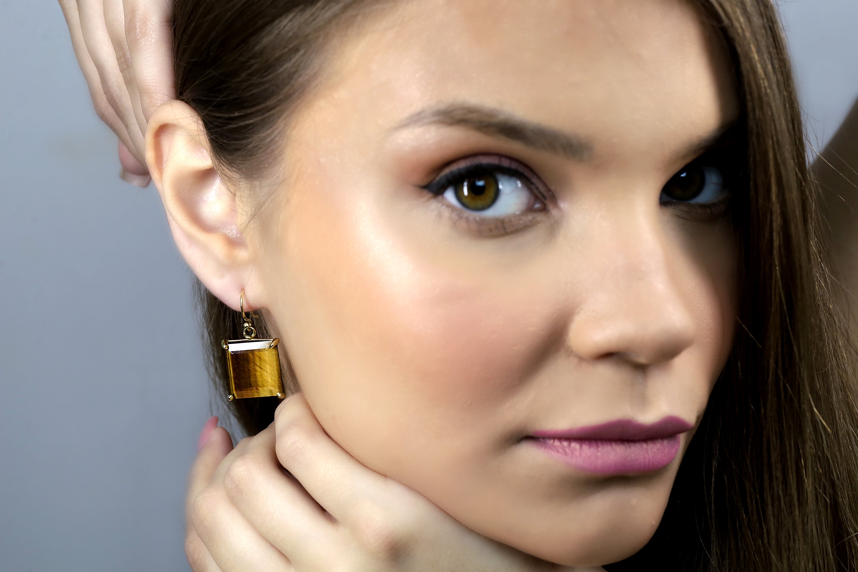 Square Statement Tiger Eye Gold Earrings Earrings Anemone Jewelry