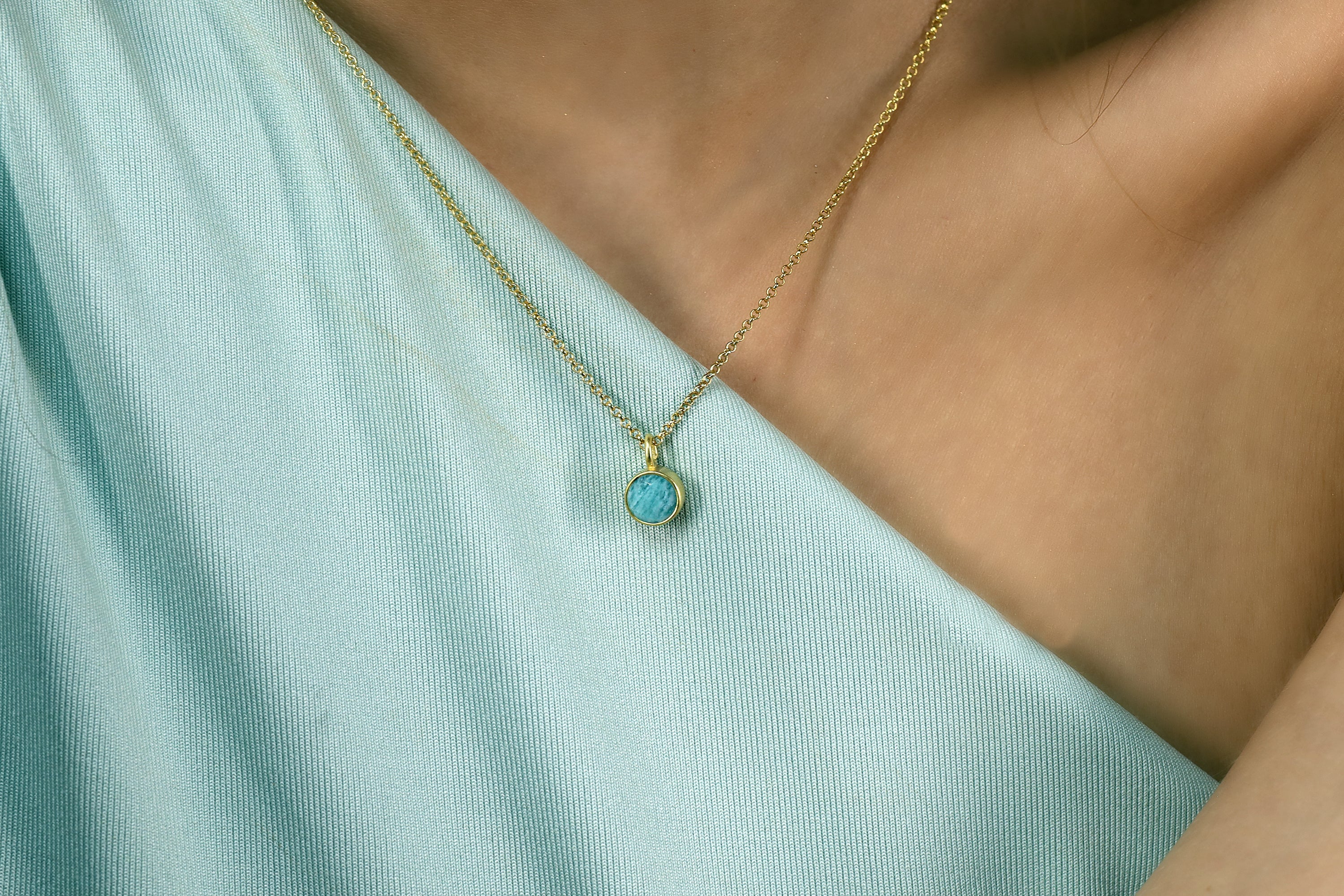 Sky Blue Amazonite Bezel Pendant Necklace in Gold necklaces Anemone Limited