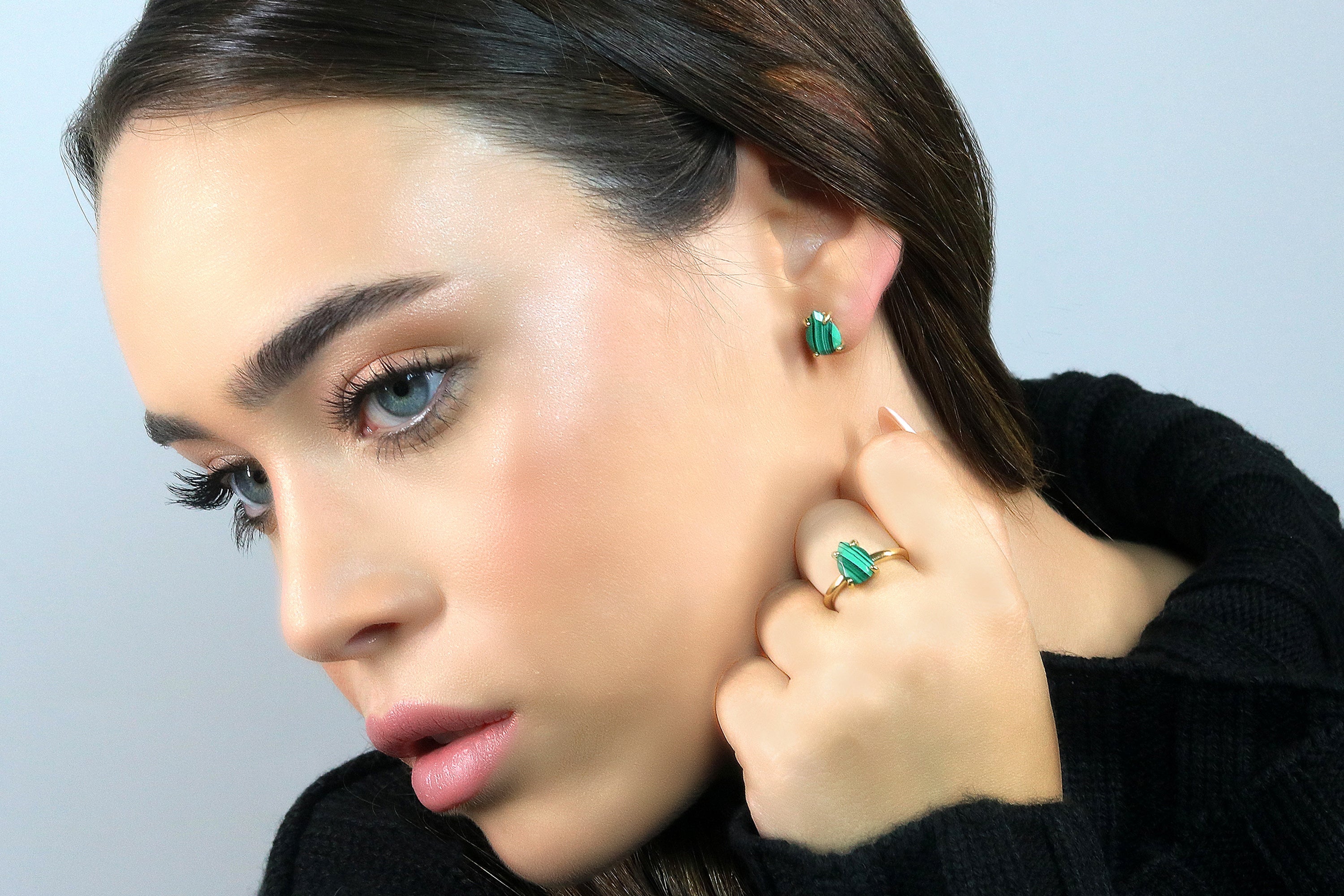 Banded Malachite Gold Stud Earrings Earrings Anemone Unique