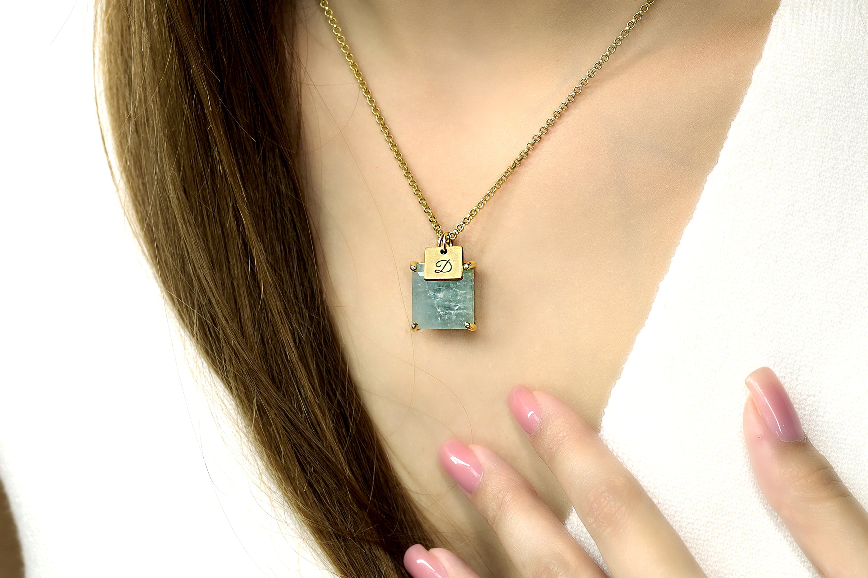 Aquamarine Square Gemstone Gold with Initial Coin Charm Pendant necklaces Anemone Jewelry