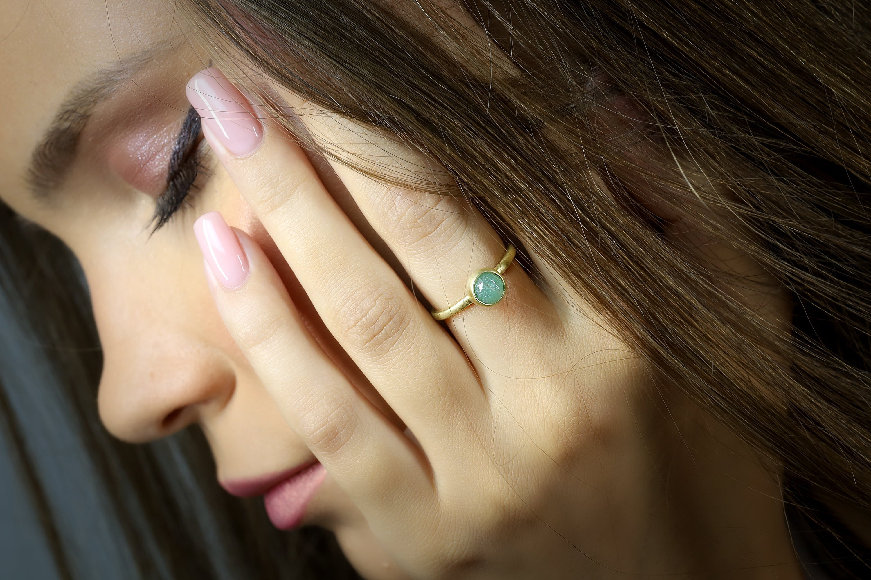 Delicate Dainty Gold Green Aventurine Round Bezel Ring Rings Anemone Limited