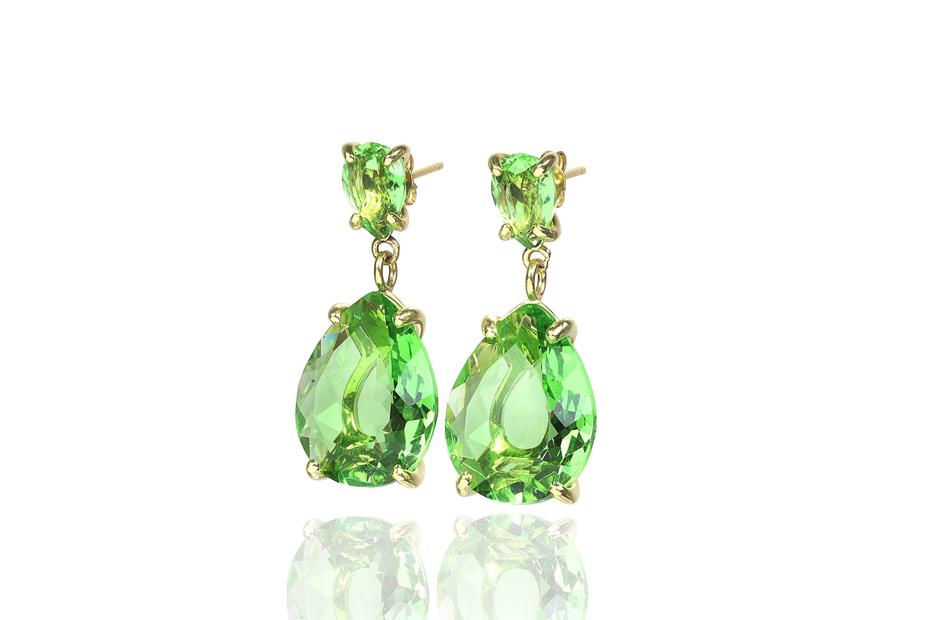 Green Tourmaline Double Pear Gemstone Gold Dangle Earrings Earrings Anemone Jewelry