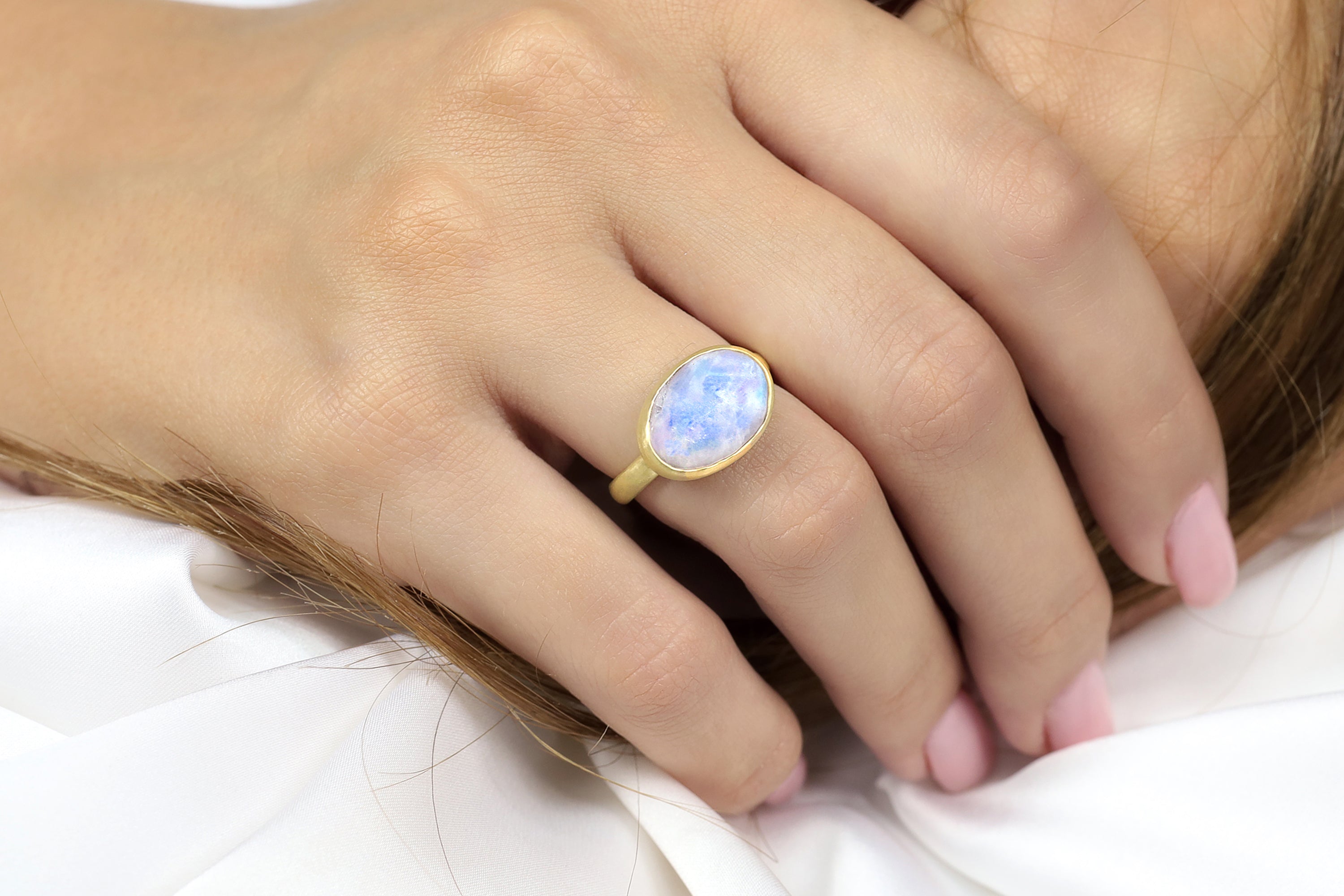 Gold Rainbow Moonstone Bezel Set Ring Rings Anemone Limited