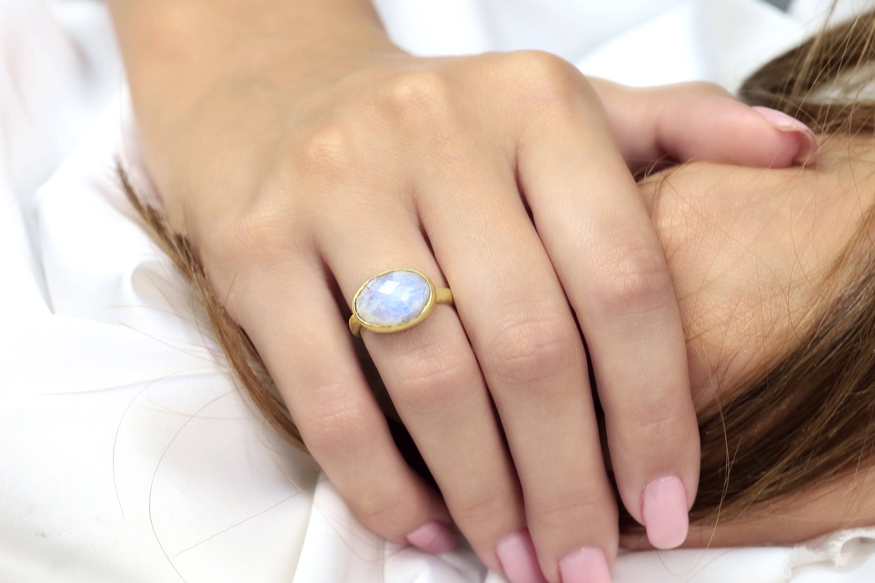 Gold Rainbow Moonstone Bezel Set Ring Rings Anemone Limited