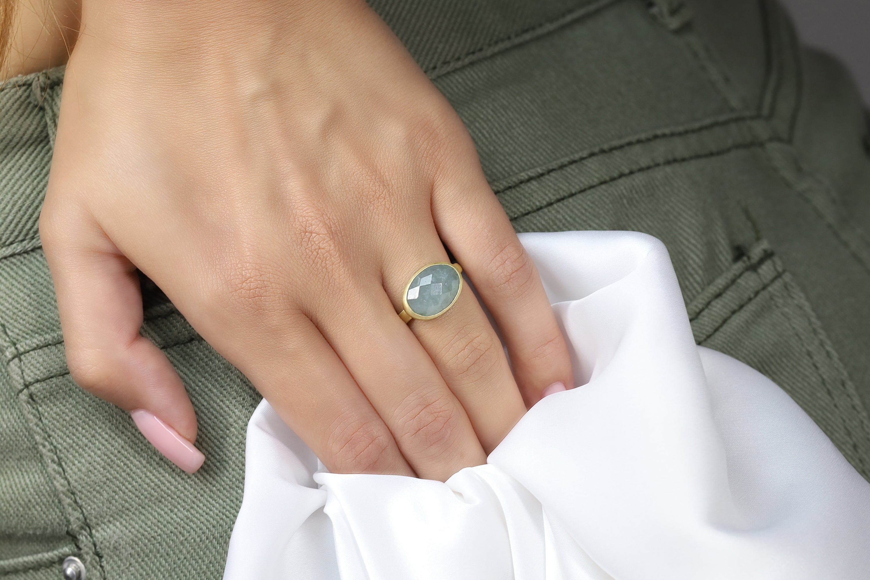 Oval Bezel Set Gold Stacking Aquamarine Ring Rings Anemone Limited