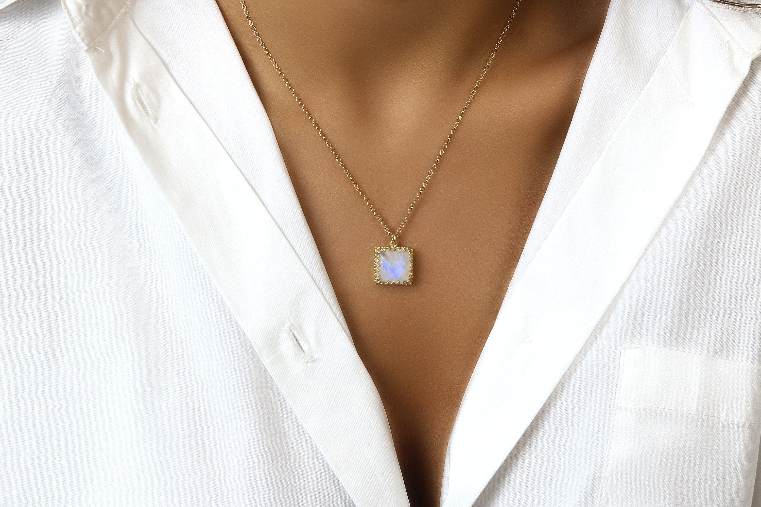 Dainty Square Moonstone Necklace necklaces Anemone Jewelry