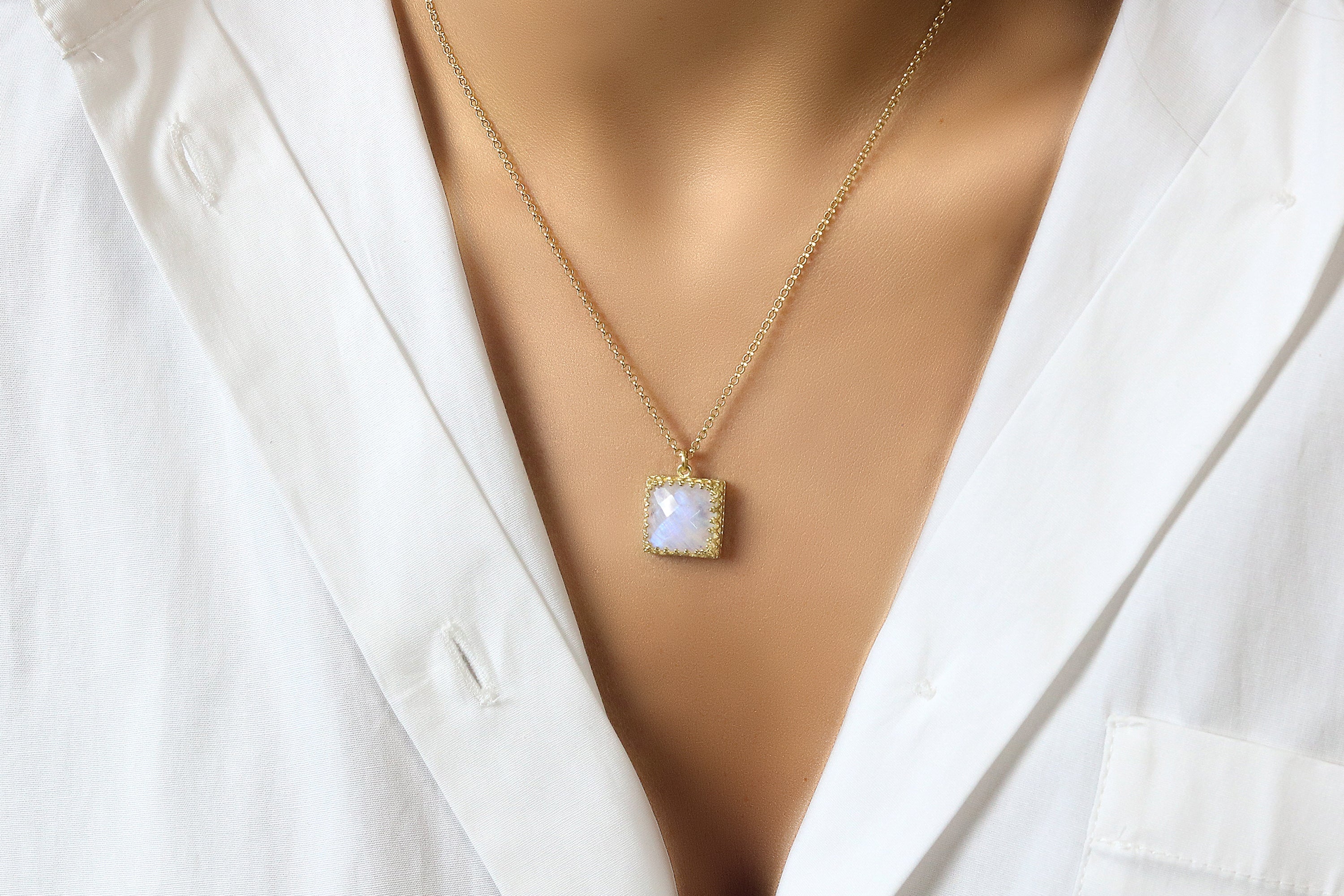 Dainty Square Moonstone Necklace necklaces Anemone Jewelry