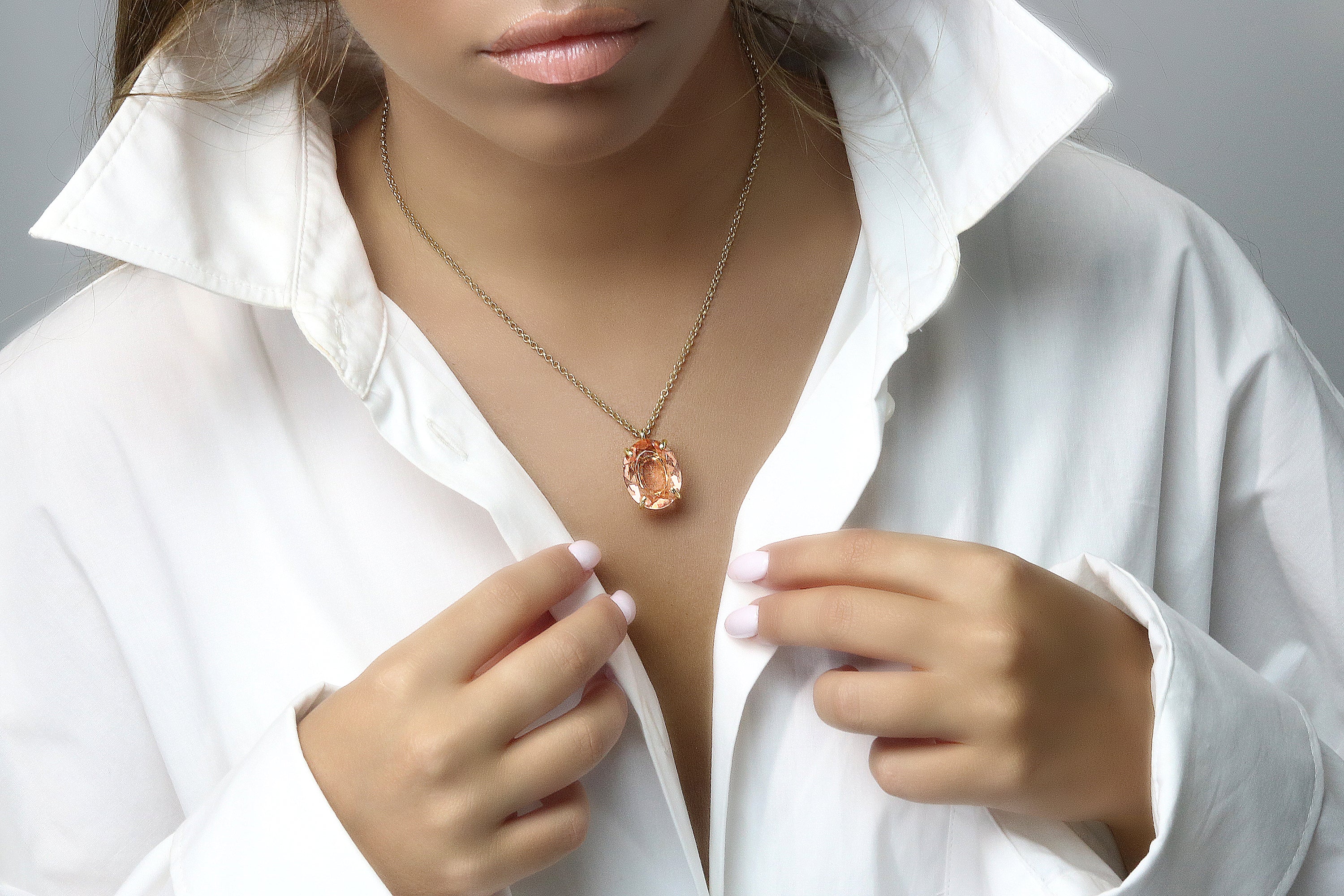 Lustrous Large Morganite Pendant Necklace in Gold necklaces Anemone Jewelry