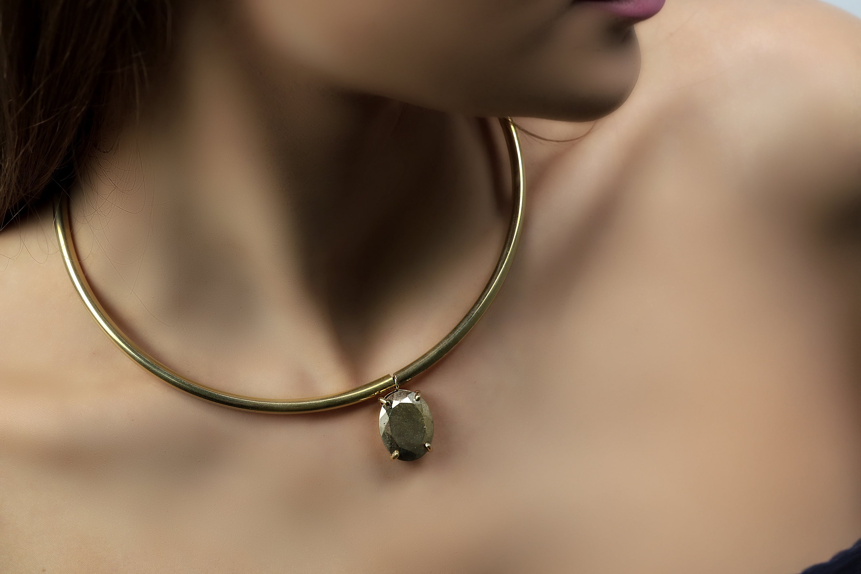 Tribal Necklace with Gold Tubes and Oval Cut Pyrite Gemstone Pendant necklaces Anemone Jewelry