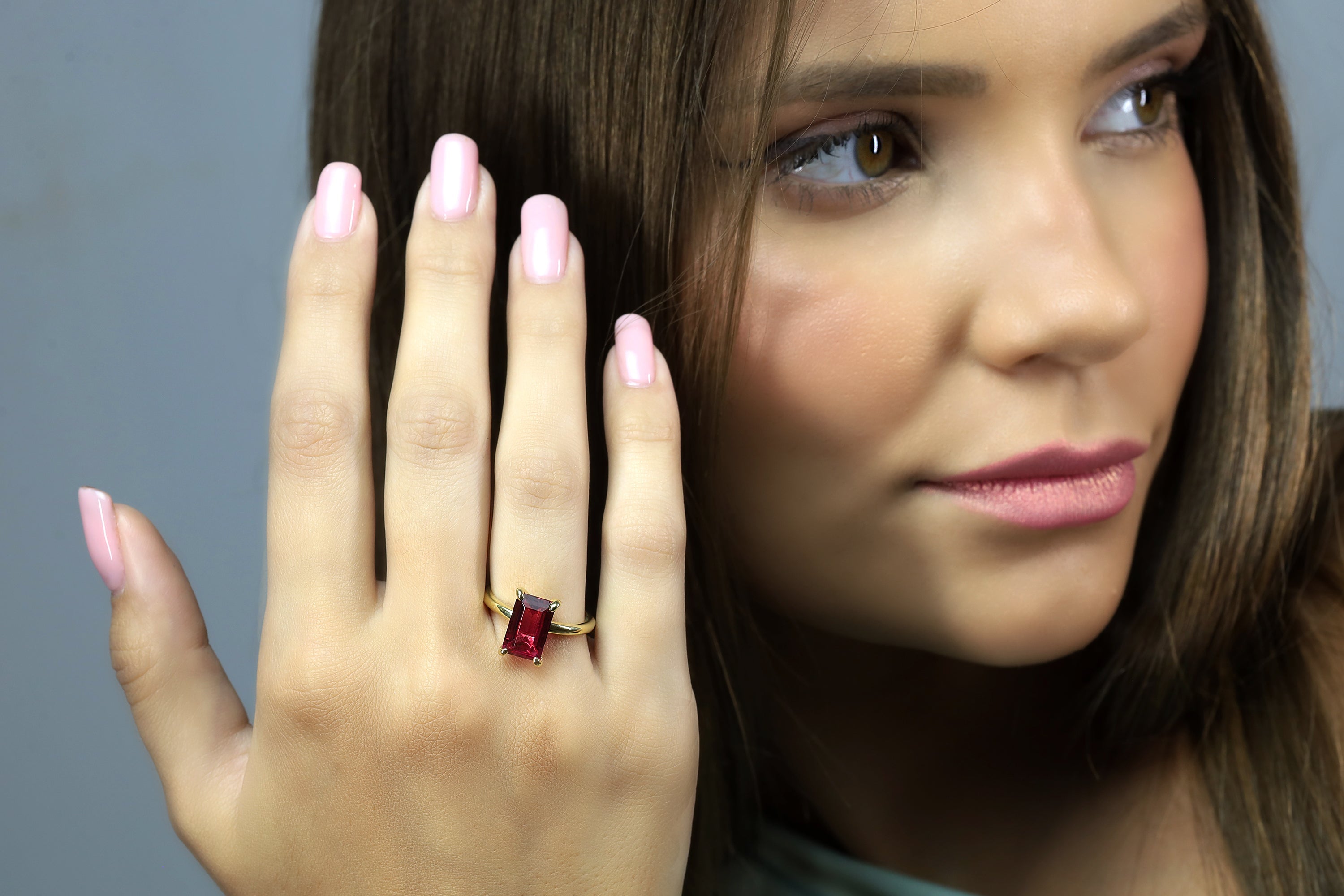 Pink Tourmaline Rectangular Gold Stacking Ring Rings Anemone Unique
