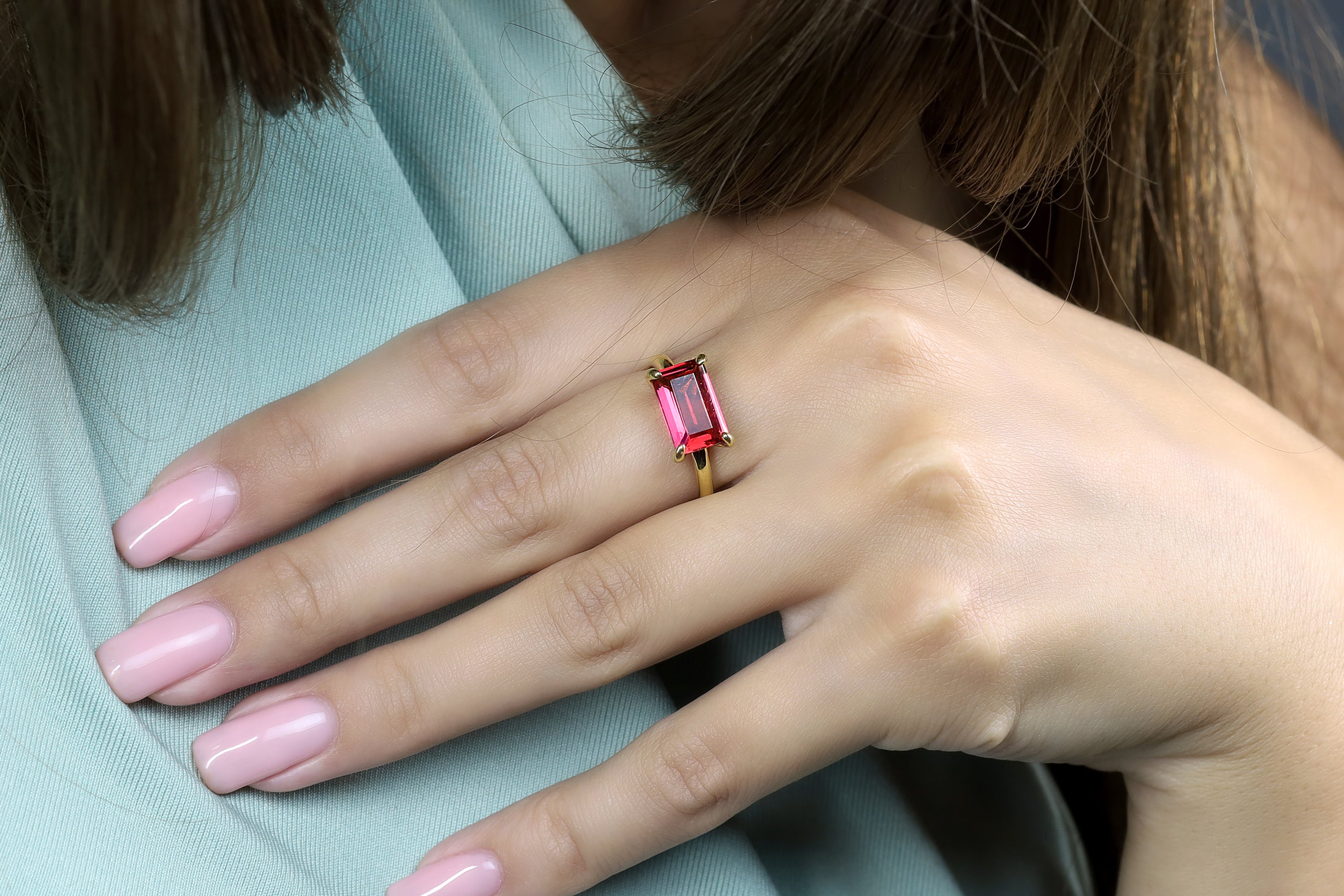 Horizontal Set Pink Tourmaline Rectangle Gold Ring Rings Anemone Unique