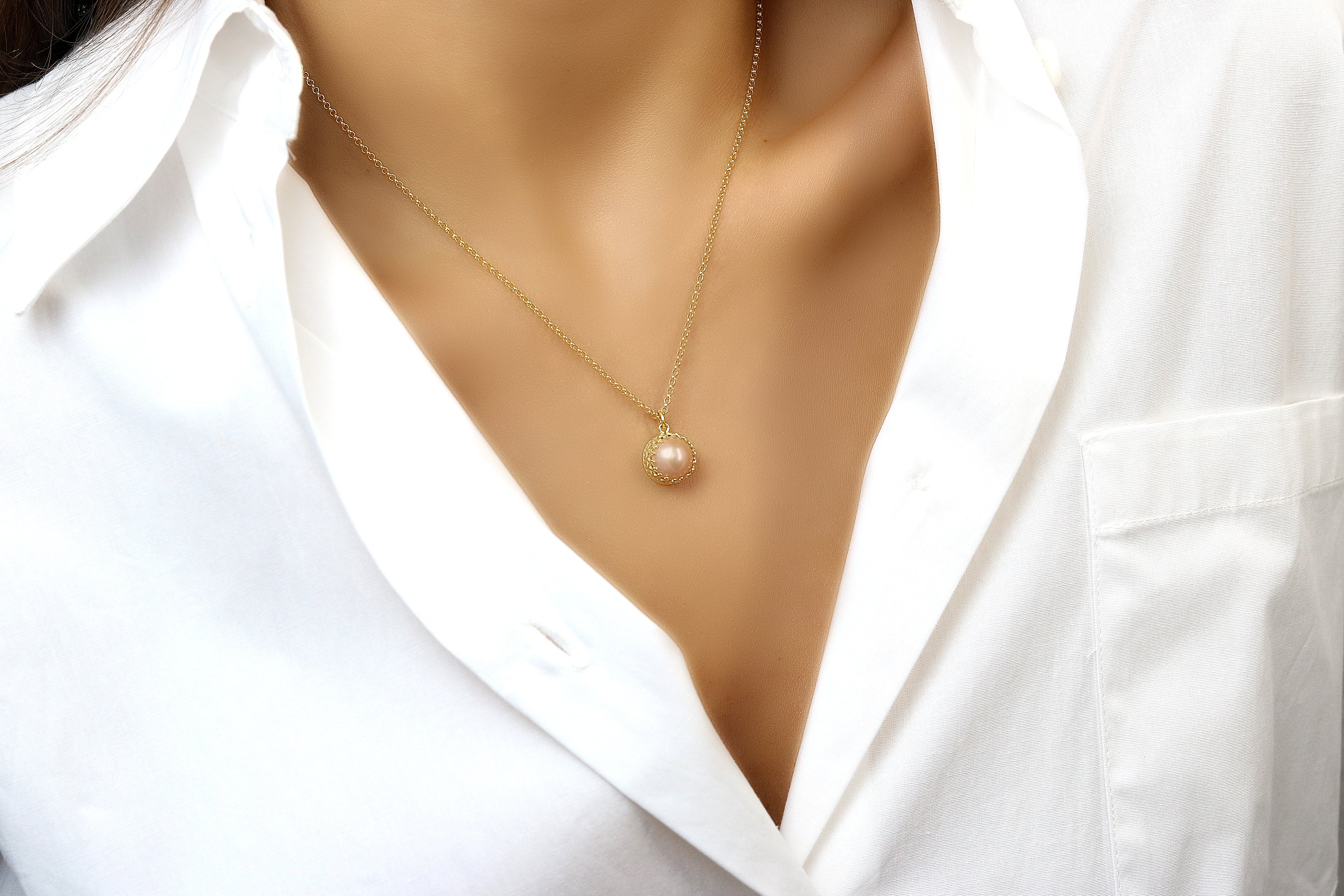 Peach Pearl Pendant Gold Filled Necklace necklaces Anemone Jewelry