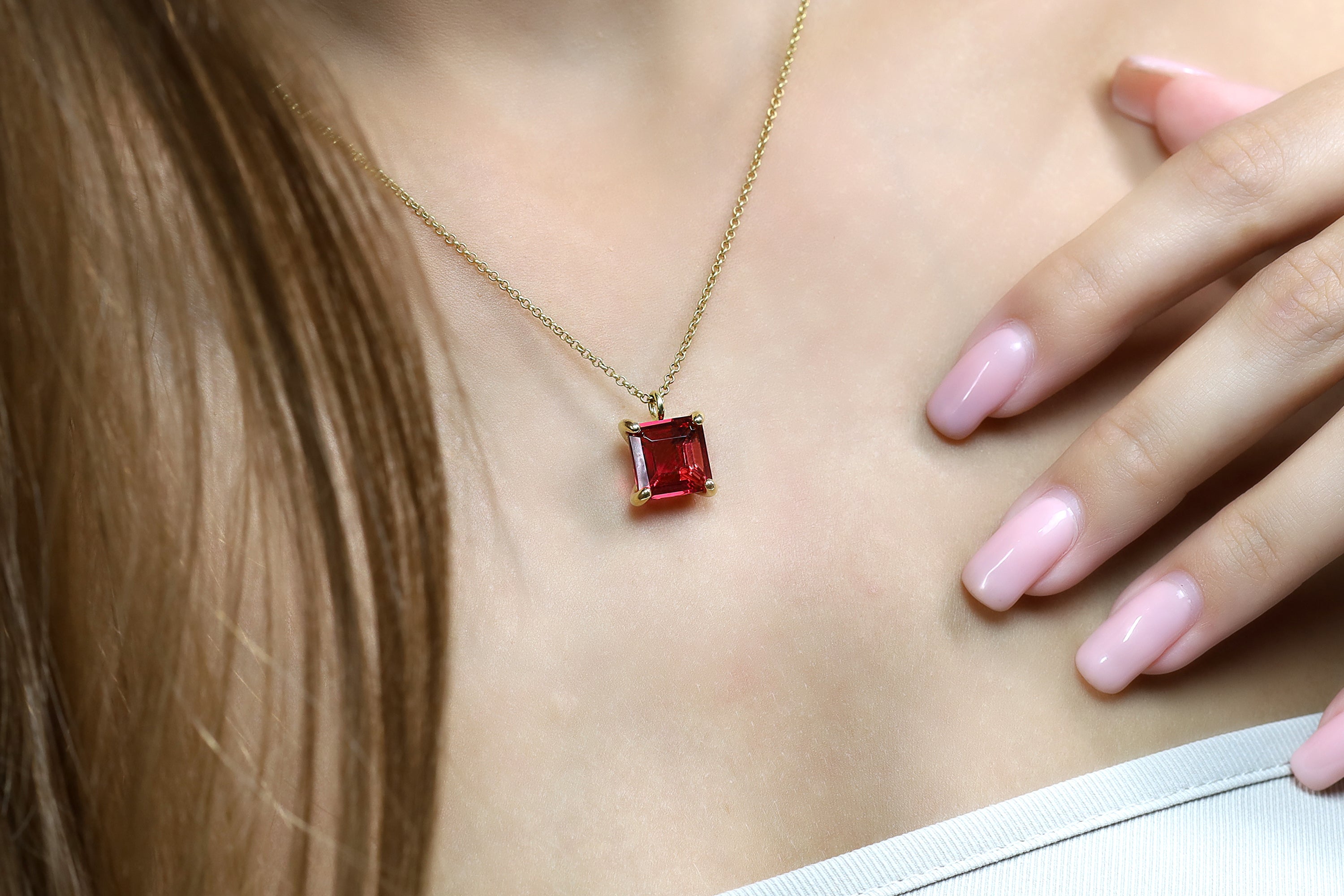 Square Princess Cut Pink Tourmaline Gold Necklace necklaces Anemone Unique