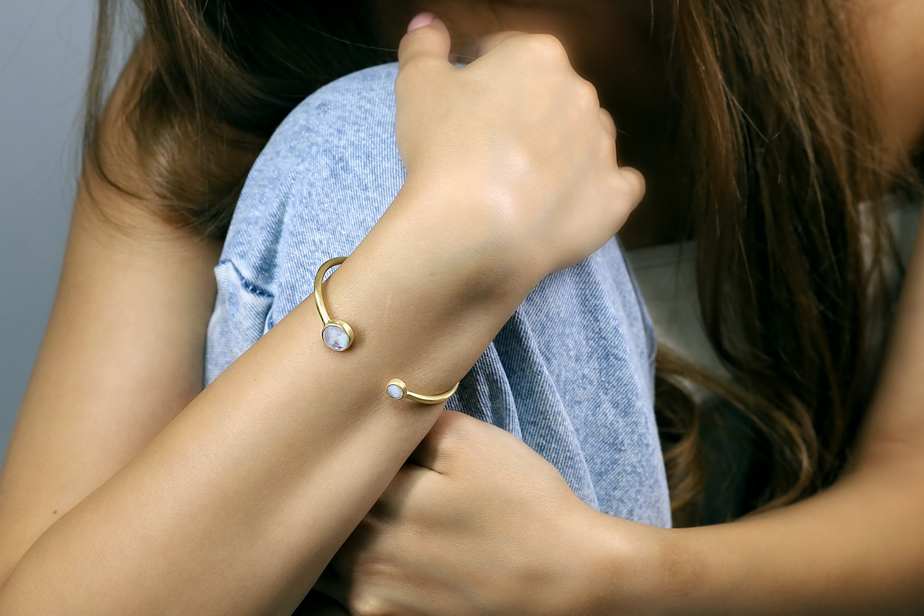 Multistone Bezel Set Rainbow Moonstone Cuff Bracelet in Gold Bracelets Anemone Limited