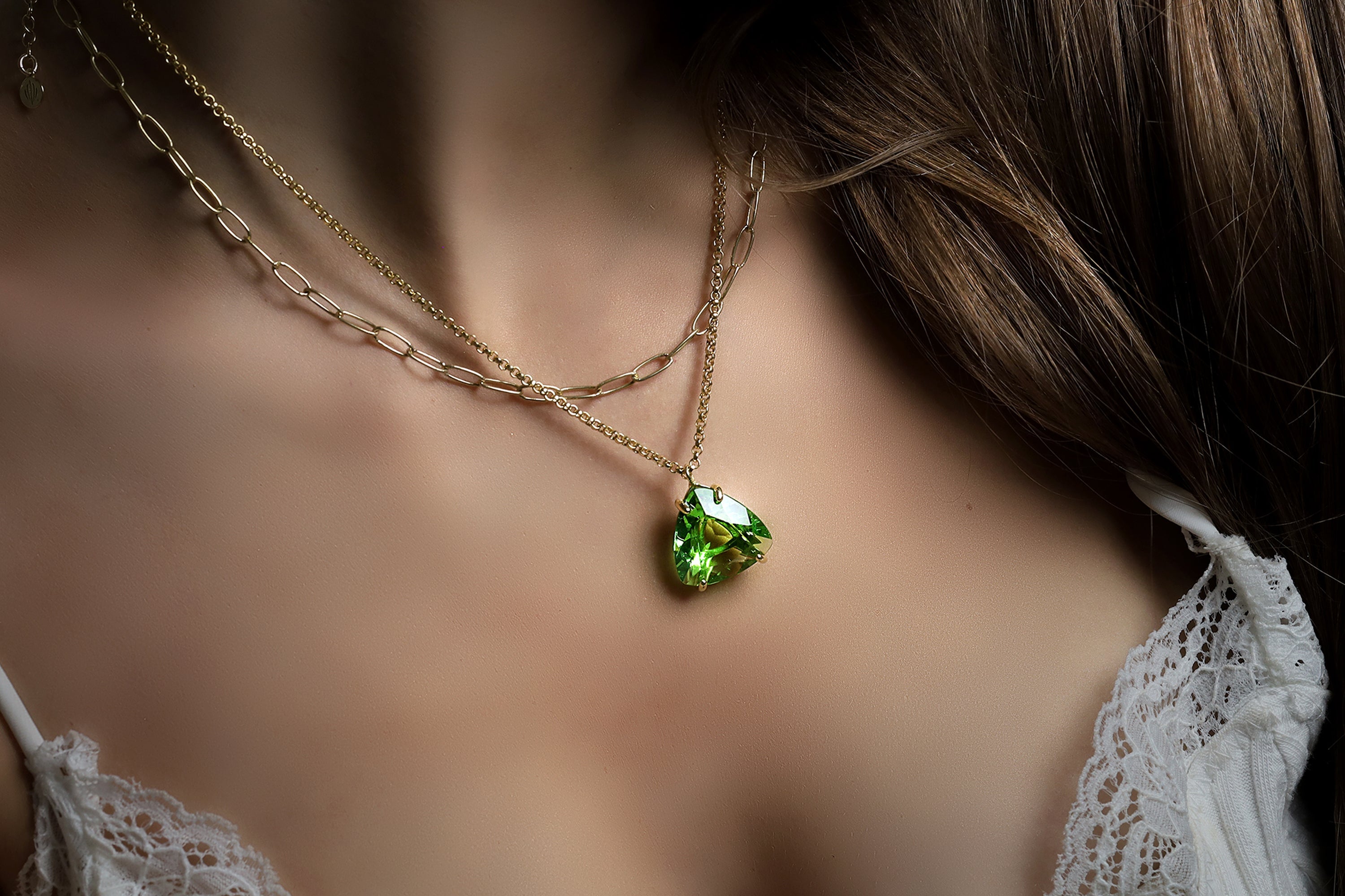 Large Green Tourmaline Trillion Gold Pendant Necklace necklaces Anemone Jewelry