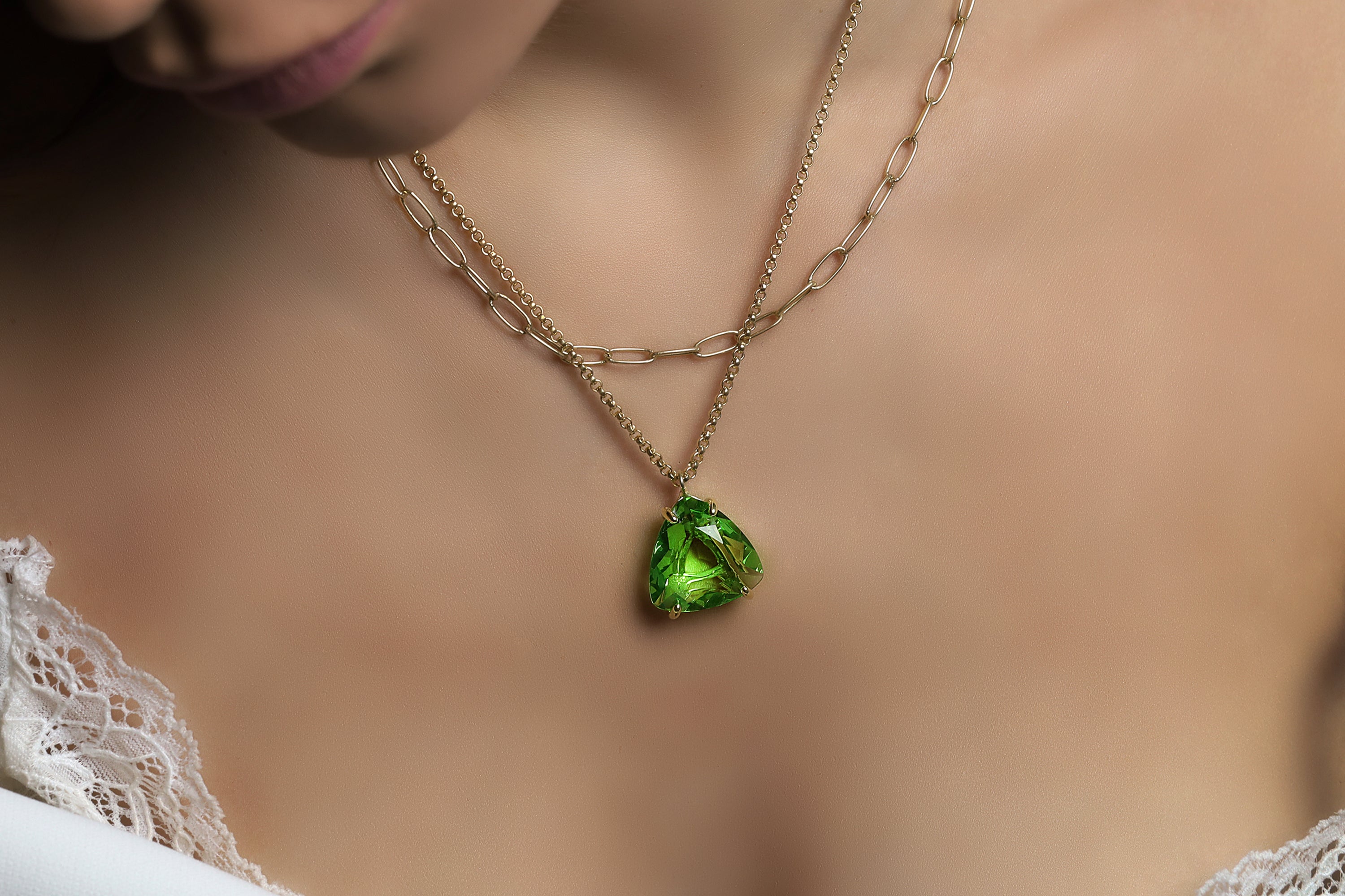 Large Green Tourmaline Trillion Gold Pendant Necklace necklaces Anemone Jewelry