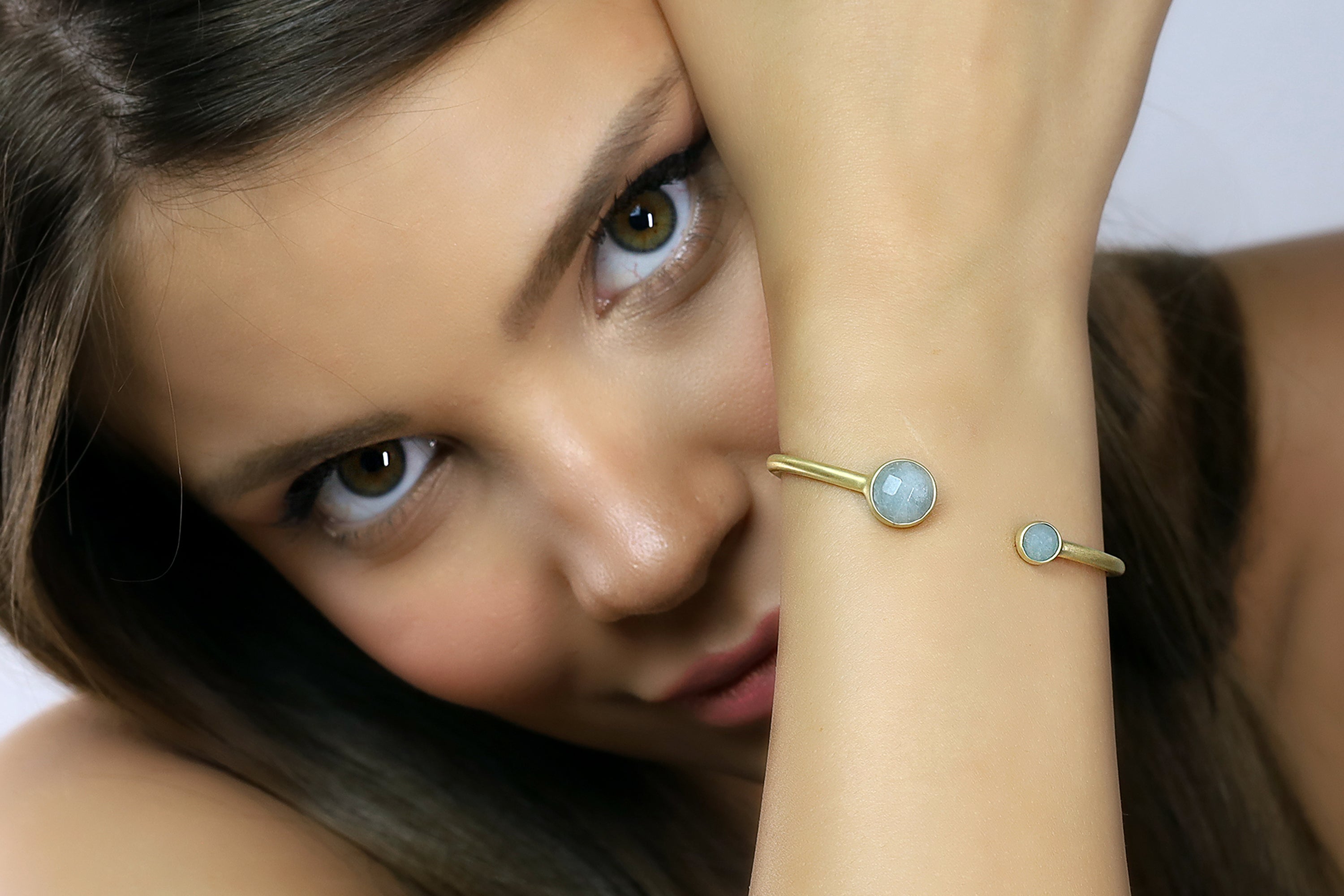 Aquamarine Multi Stone Bezel Set Gold Open Cuff Bracelet Bracelets Anemone Limited