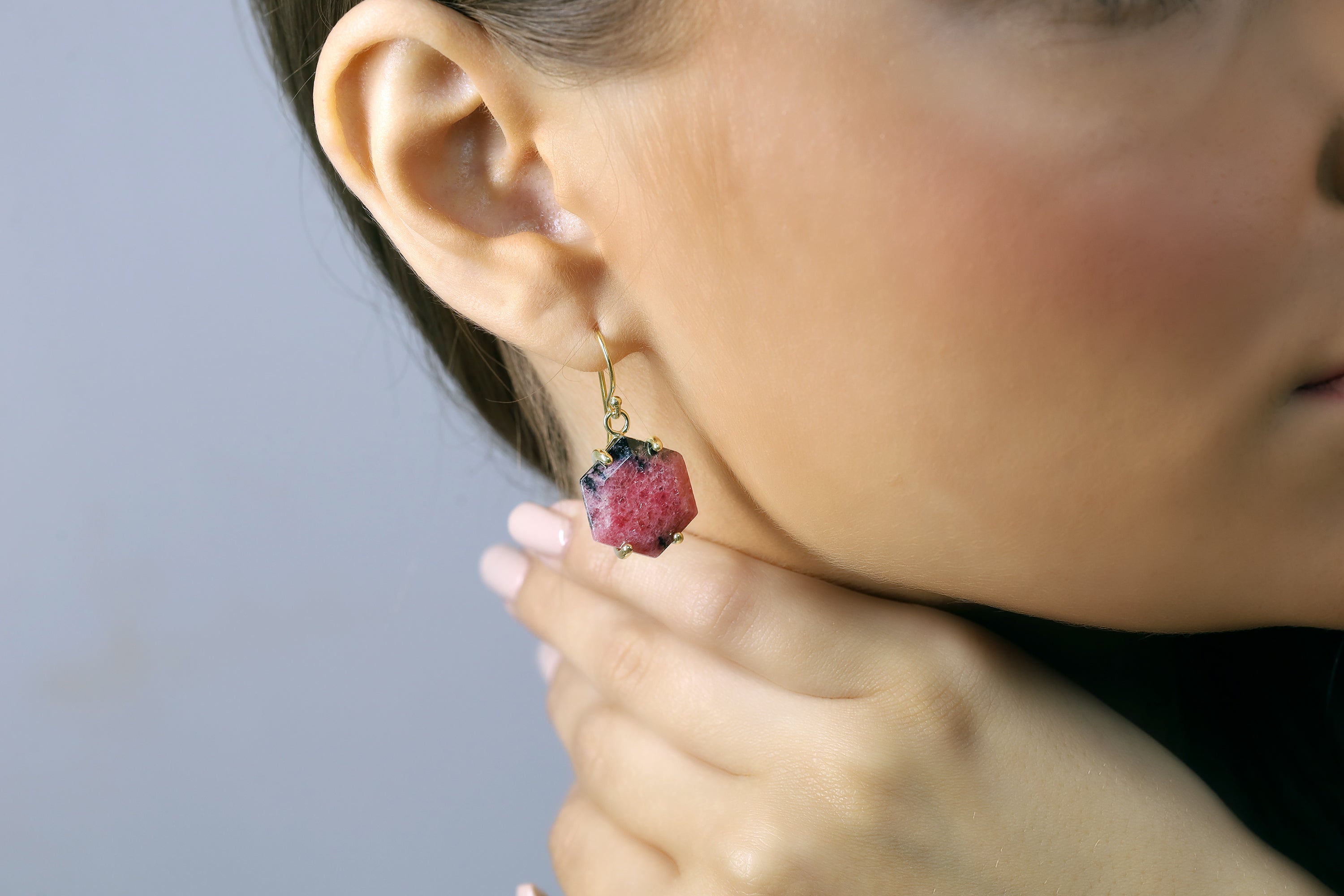 Gold Rhodonite Hexagon Statement Earrings Earrings Anemone Jewelry