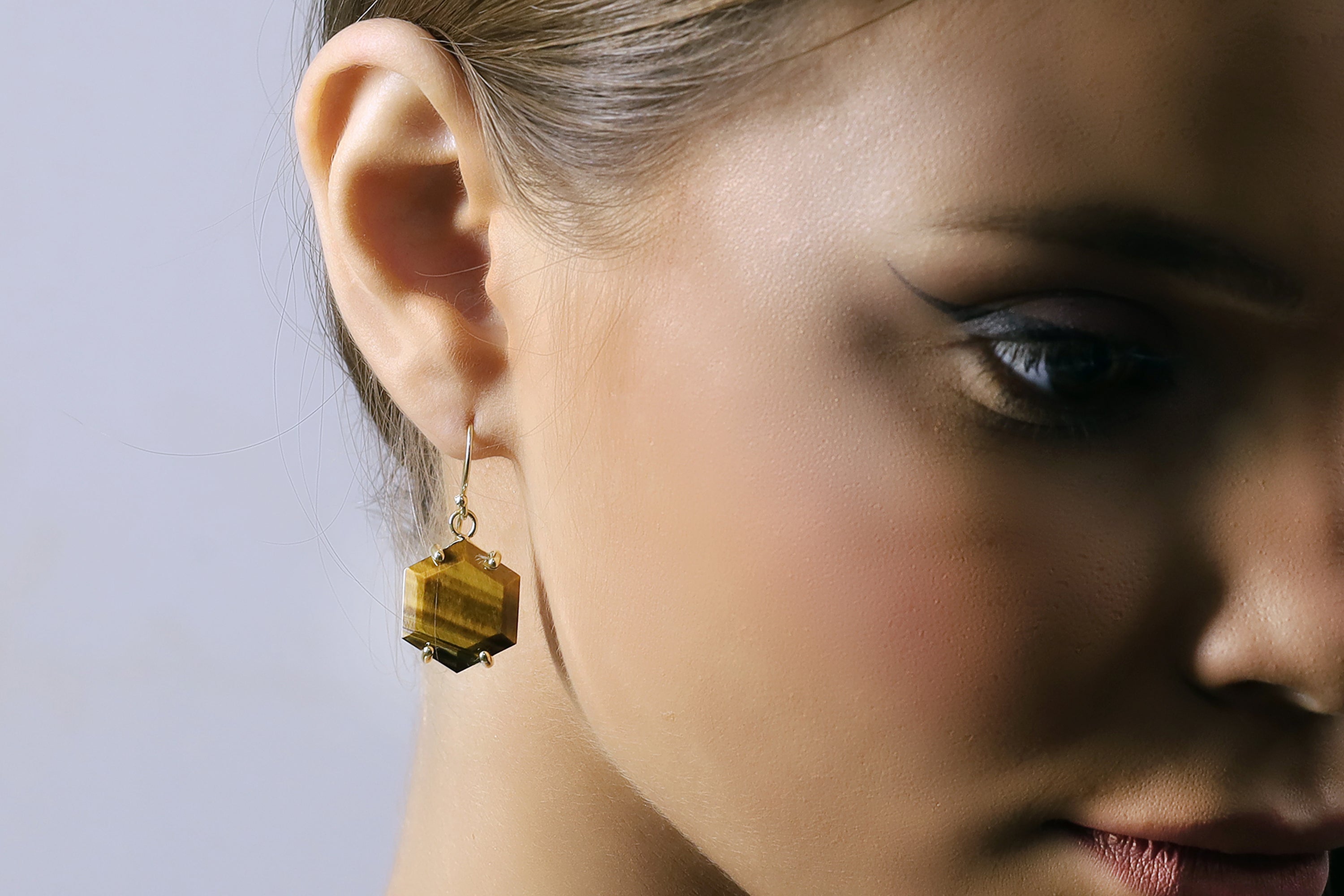 Tiger Eye Hexagon Gemstone Gold Earrings Earrings Anemone Jewelry