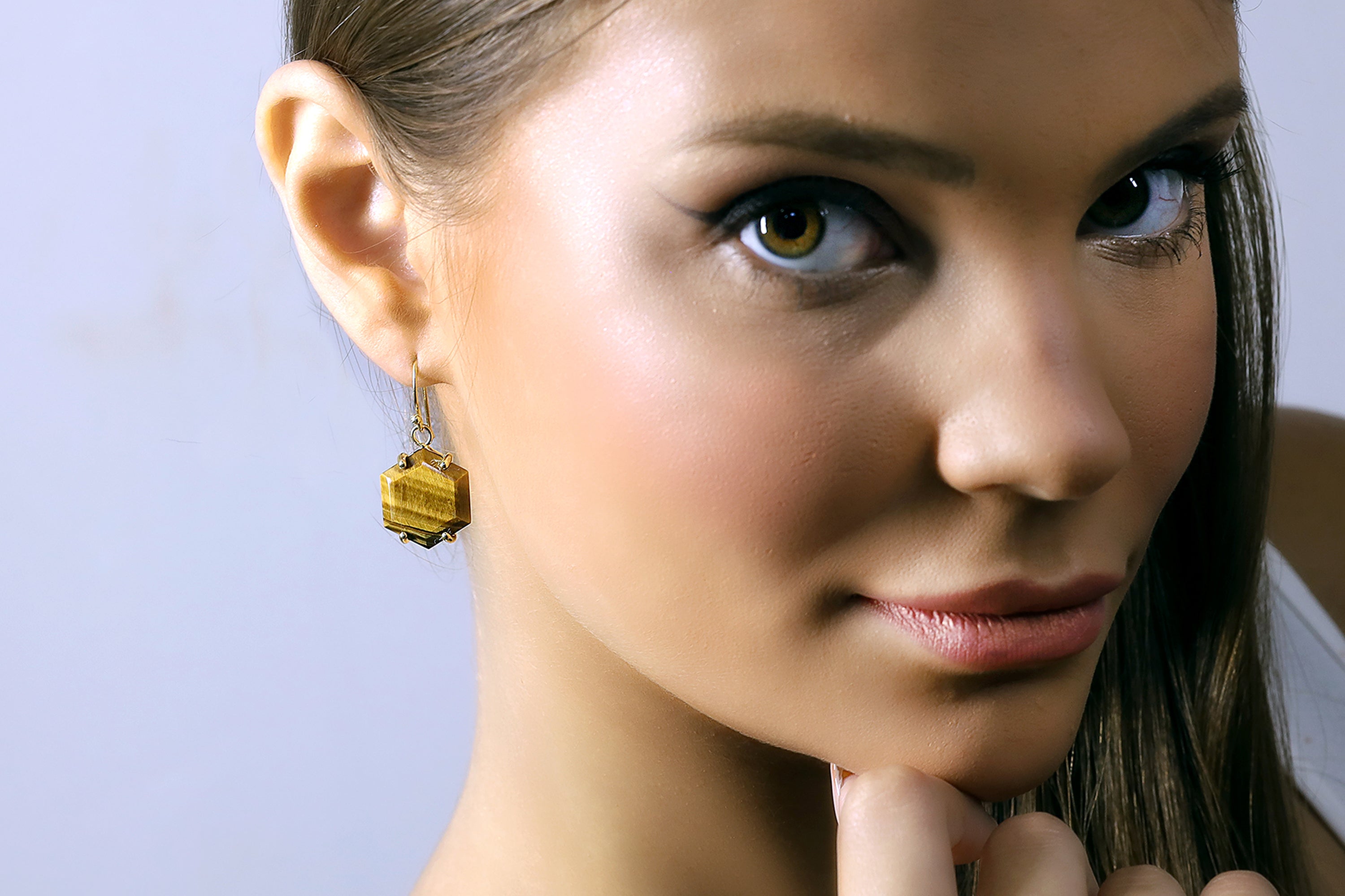 Tiger Eye Hexagon Gemstone Gold Earrings Earrings Anemone Jewelry