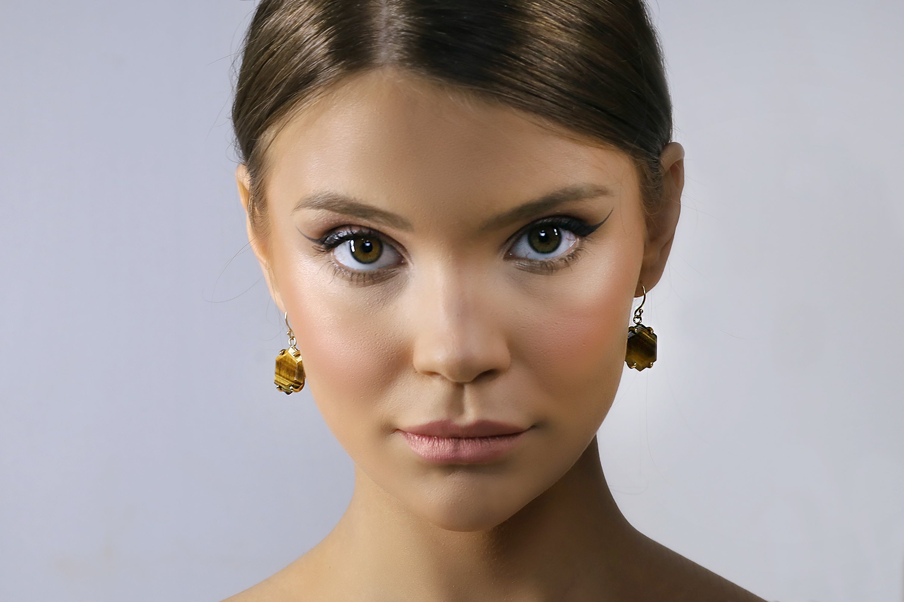 Tiger Eye Hexagon Gemstone Gold Earrings Earrings Anemone Jewelry