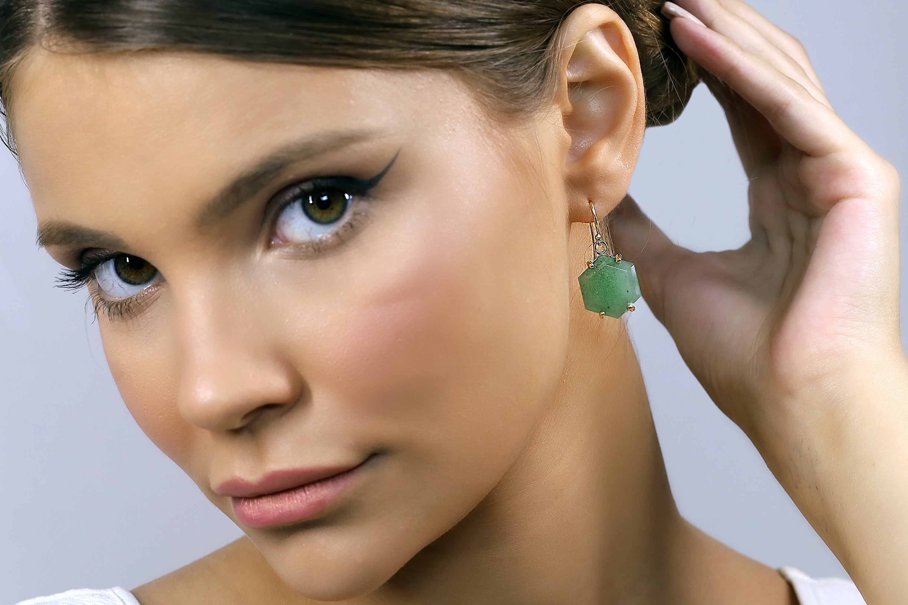Hexagon Shape Green Aventurine Gold Earrings Earrings Anemone Jewelry