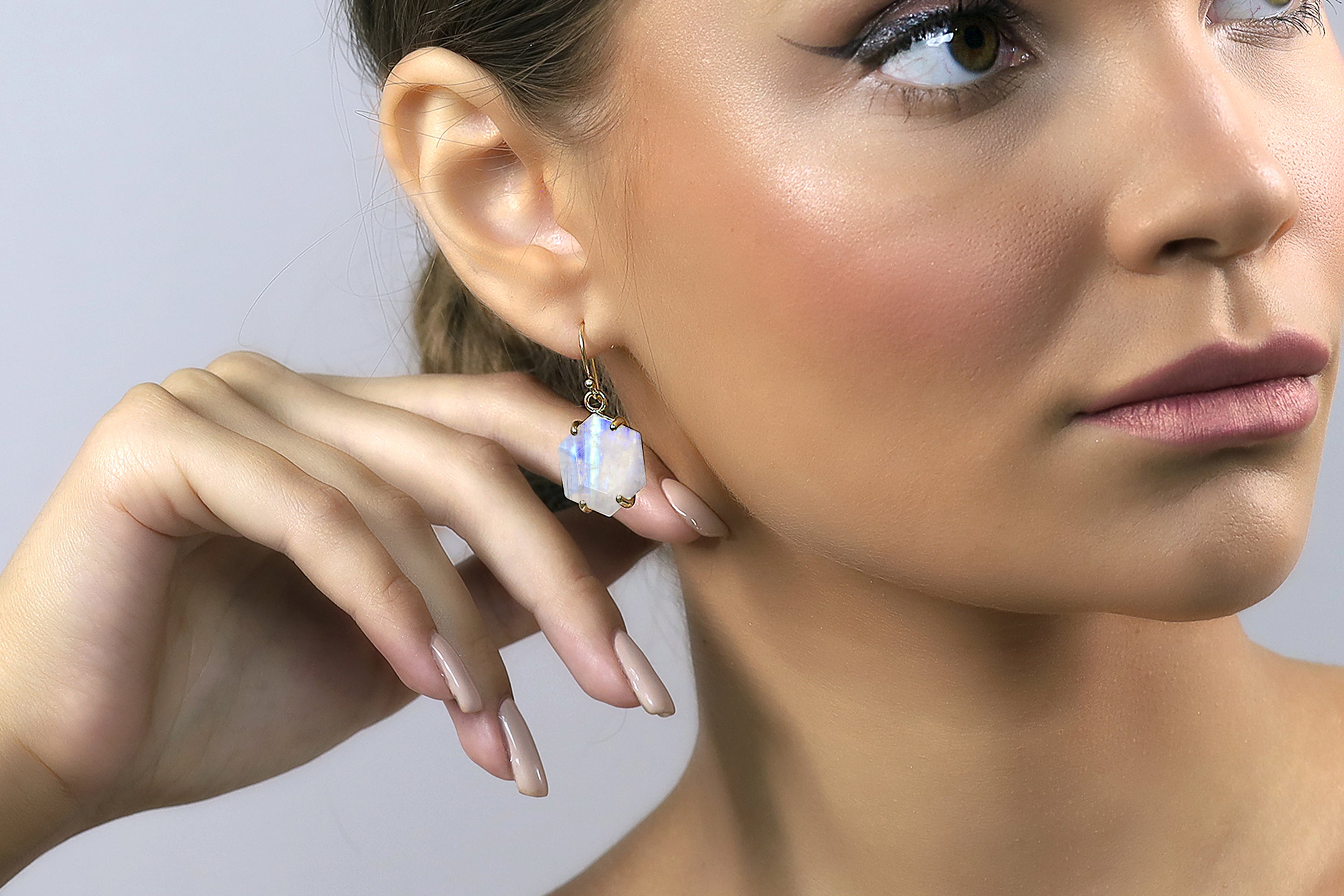 Silver Rainbow Moonstone Hexagonal Earrings Earrings Anemone Jewelry