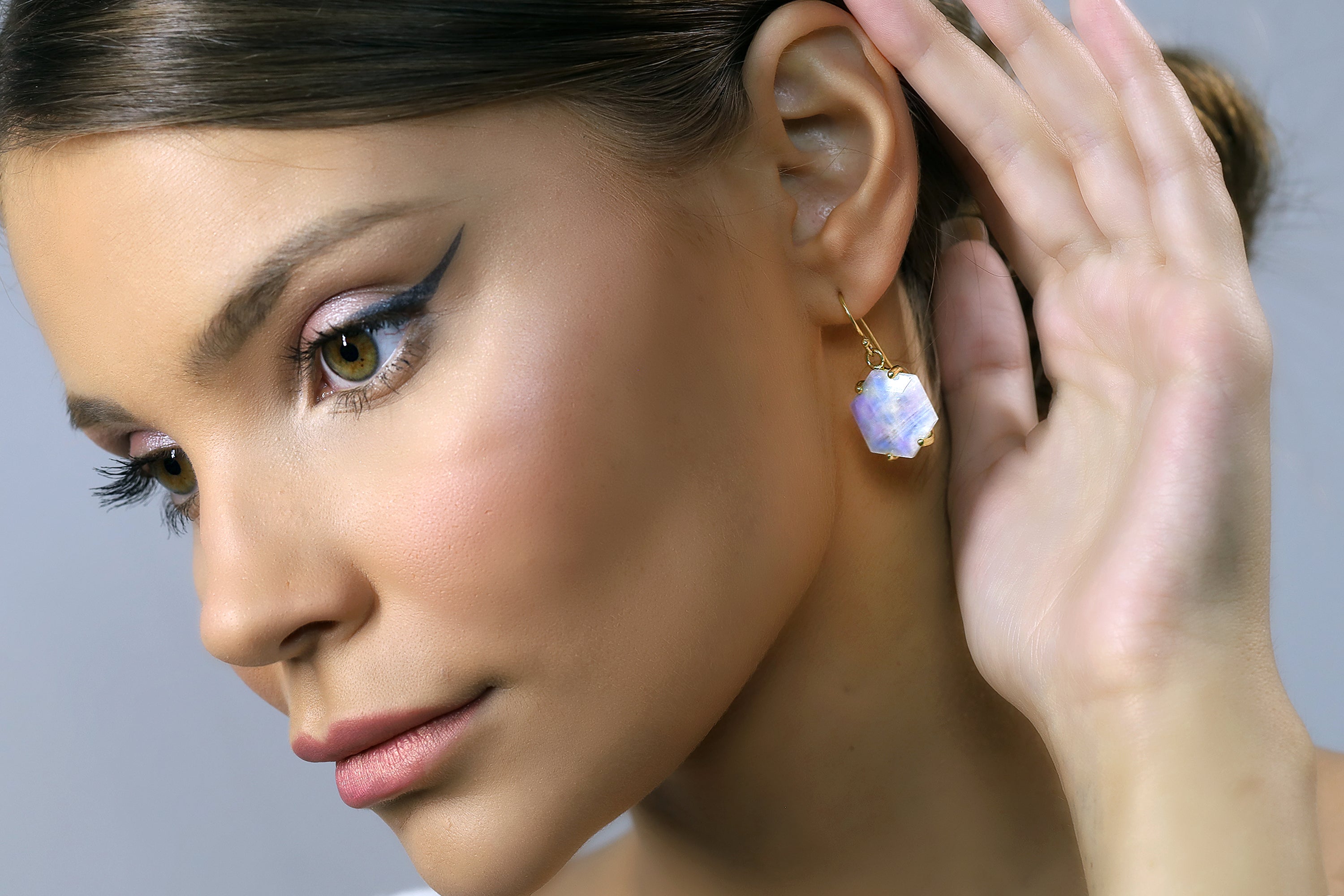 Silver Rainbow Moonstone Hexagonal Earrings Earrings Anemone Jewelry