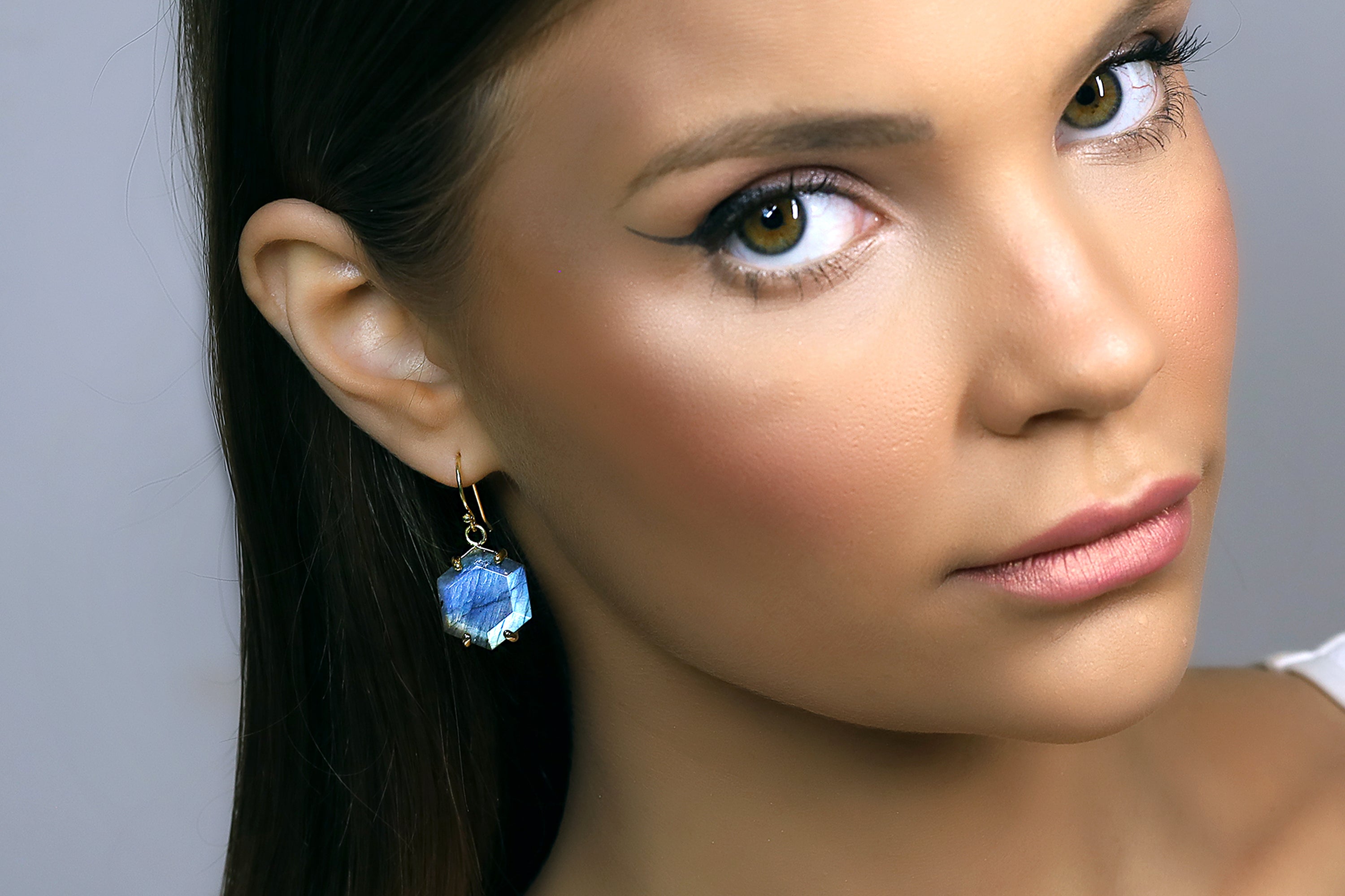 Gold Hexagon Labradorite Earrings Earrings Anemone Jewelry