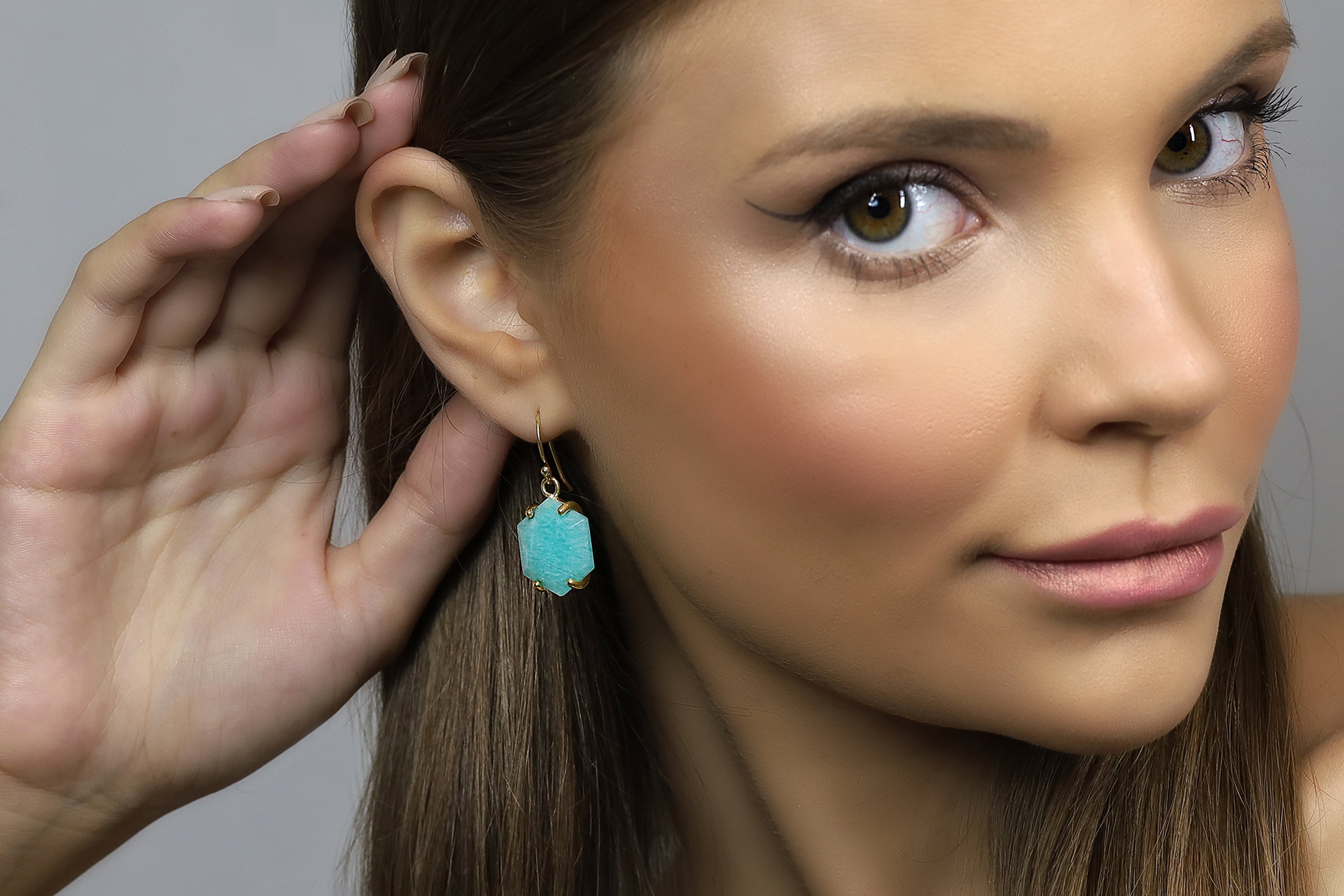 Hexagon Shape Amazonite Gold Dangle Earrings Earrings Anemone Jewelry