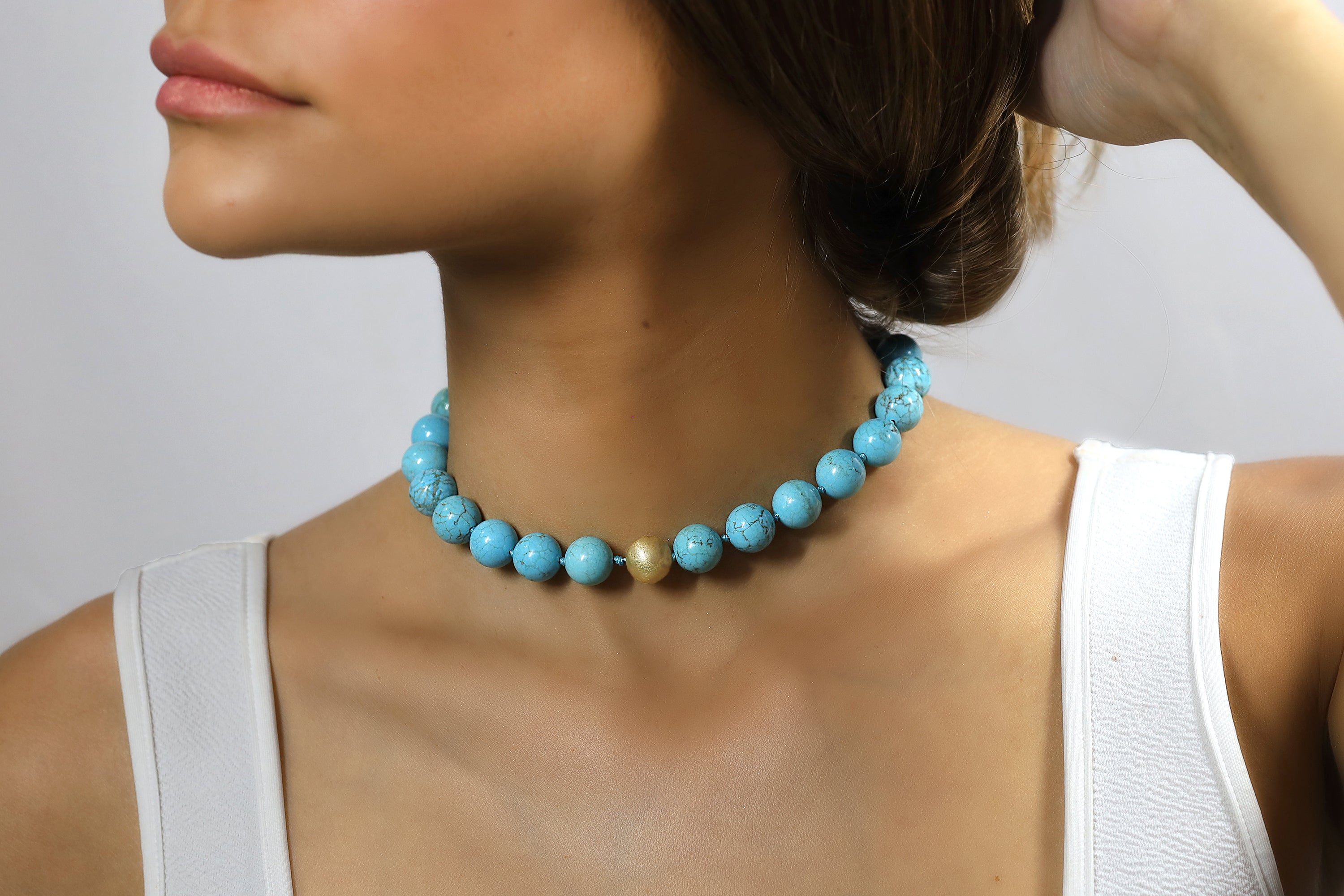 Turquoise Knotted Necklace with Single Brushed Gold Bead necklaces Anemone Jewelry