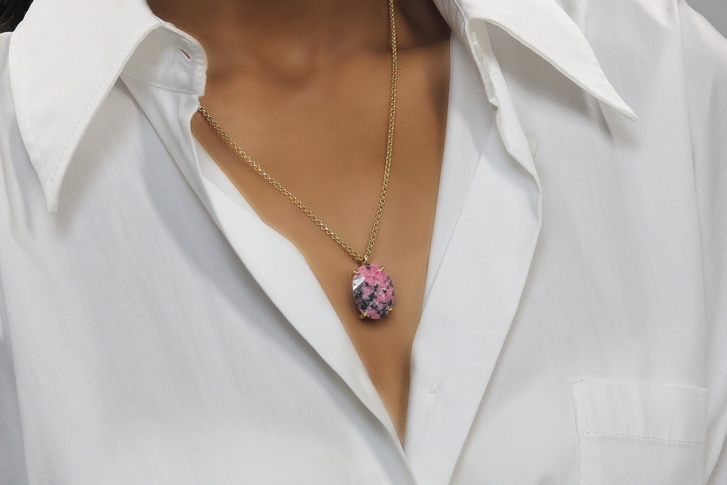Charming Oval Rhodonite Pendant Gold Necklace necklaces Anemone Jewelry