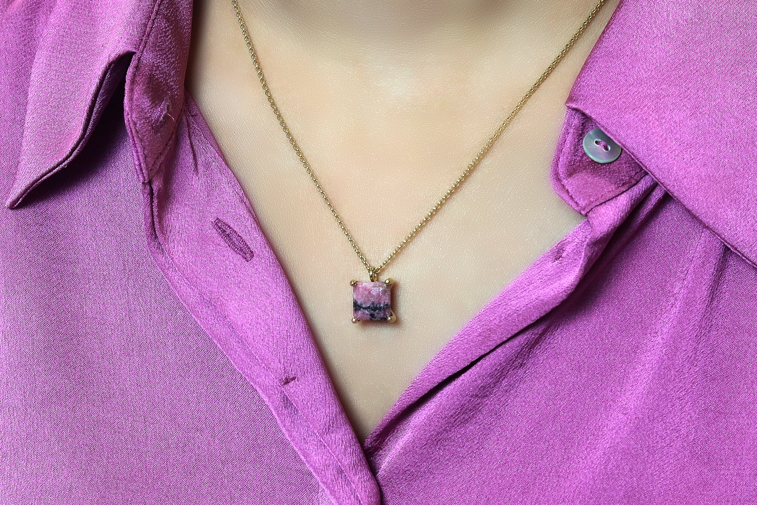 Square Rhodonite Pendant Necklace in Gold necklaces Anemone Unique