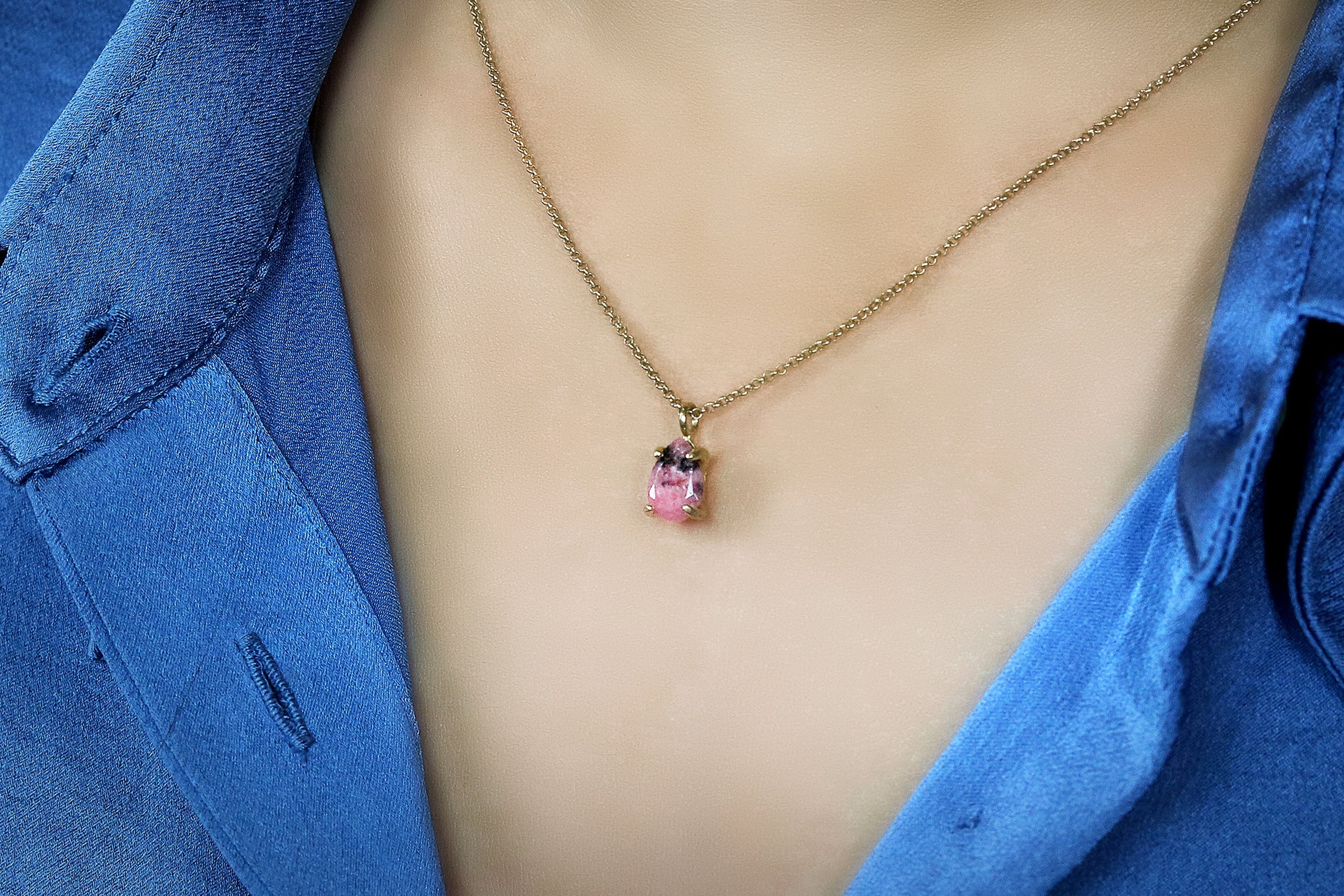Pear Pink Rhodonite Gold Necklace necklaces Anemone Unique