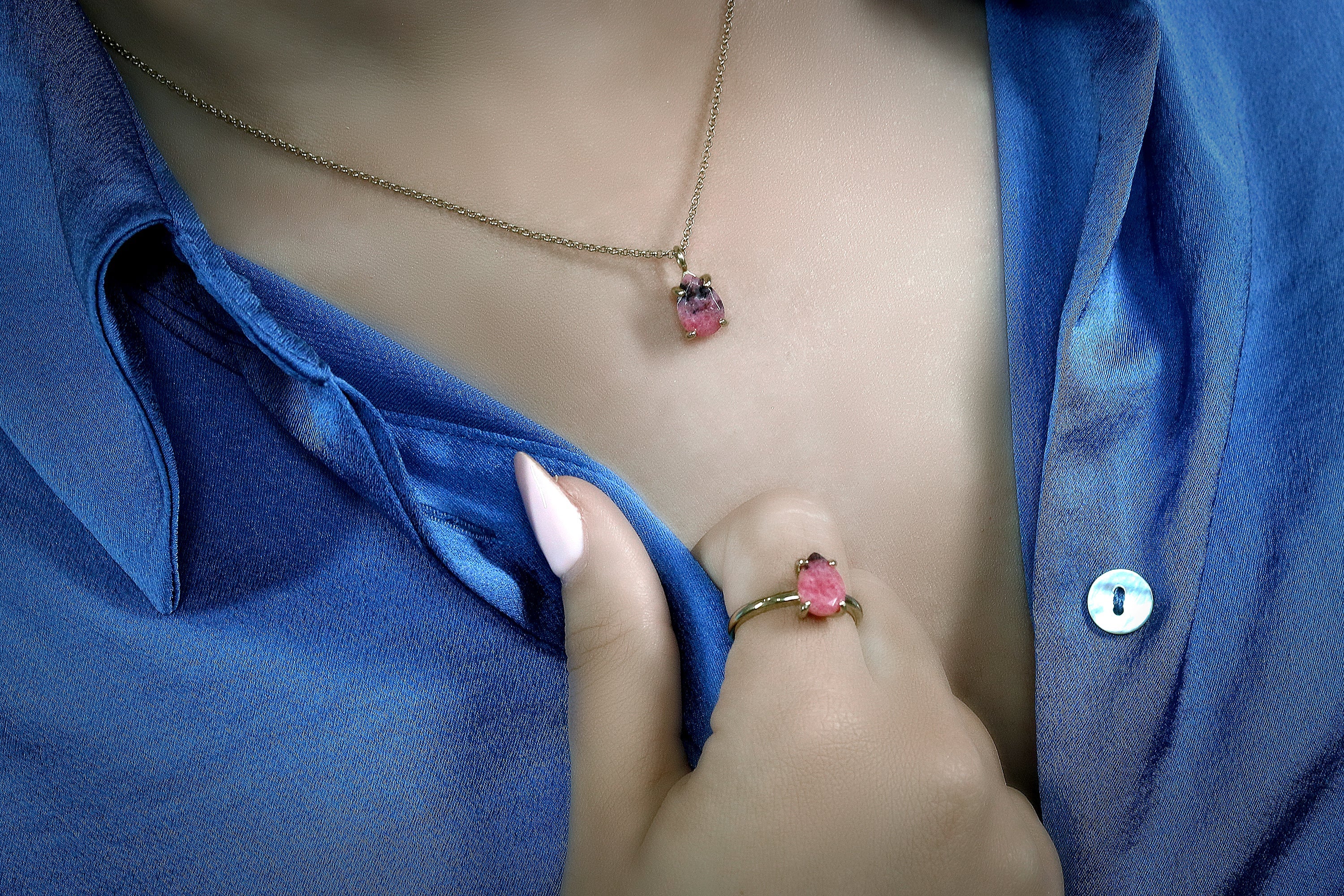 Pear Pink Rhodonite Gold Necklace necklaces Anemone Unique