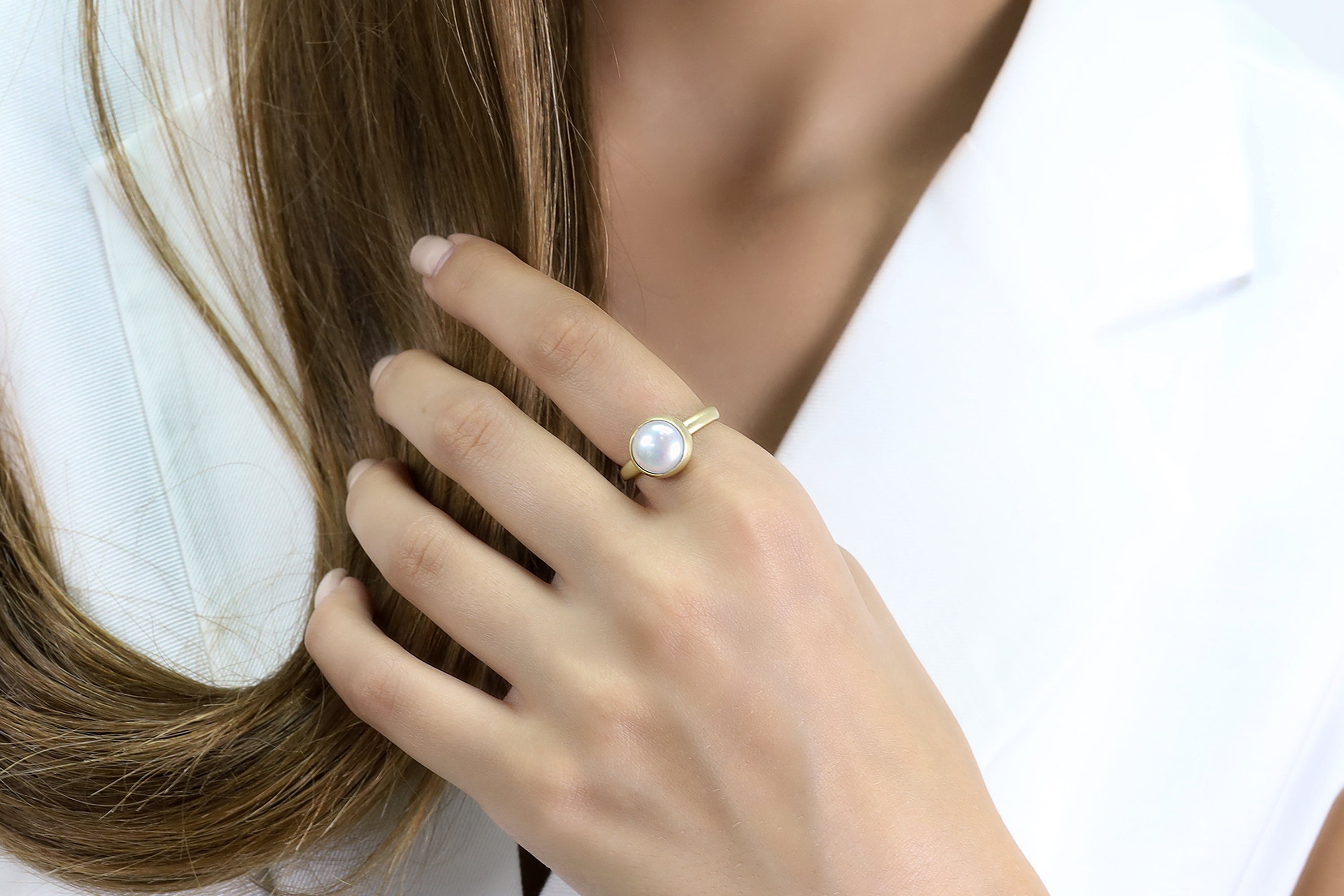 Rose Gold Bezel Set White Freshwater Pearl Ring Rings Anemone Limited