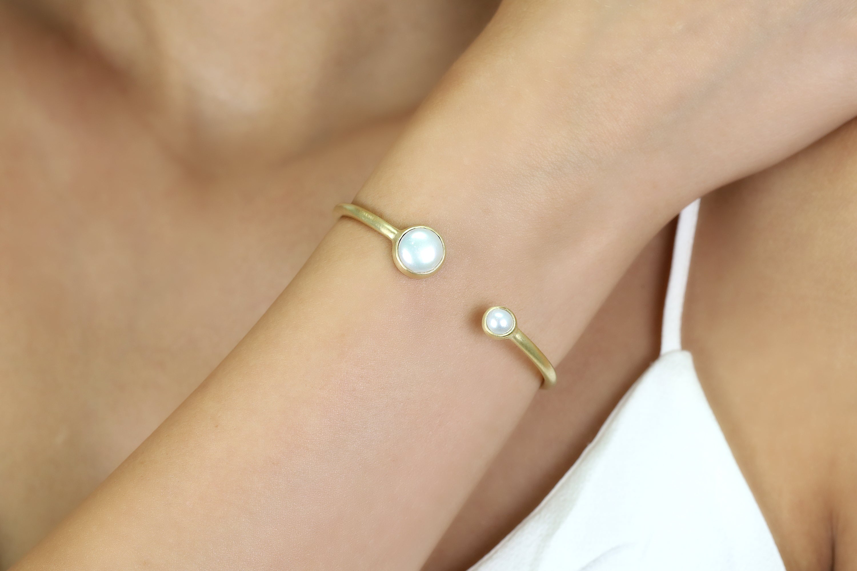 Open Cuff Gold Bracelet Bezel Set with 6mm & 10mm Pearl Bracelets Anemone Limited