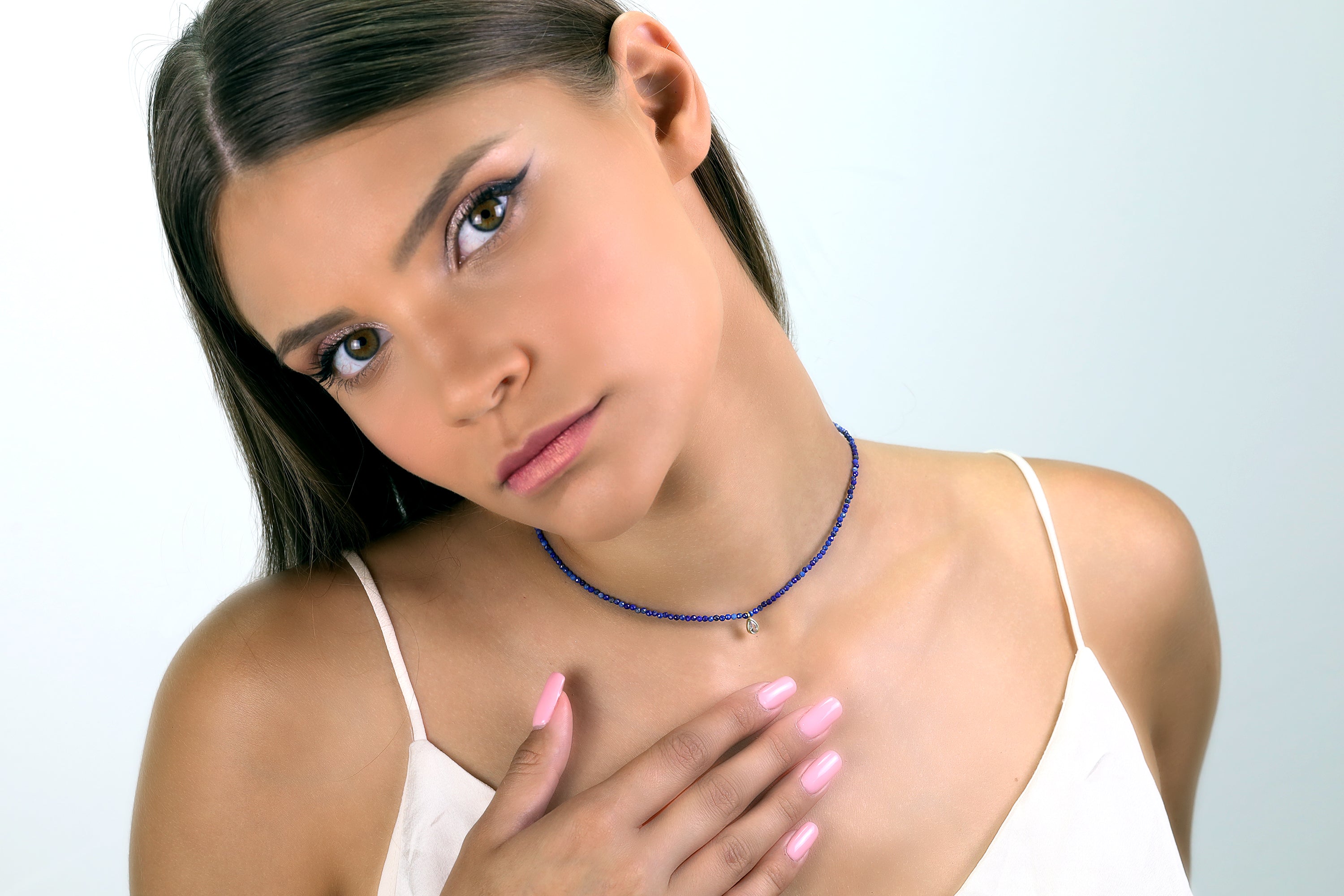 Dainty Cubic Zirconia Charm Necklace with Lapis Lazuli Beads necklaces Anemone Unique