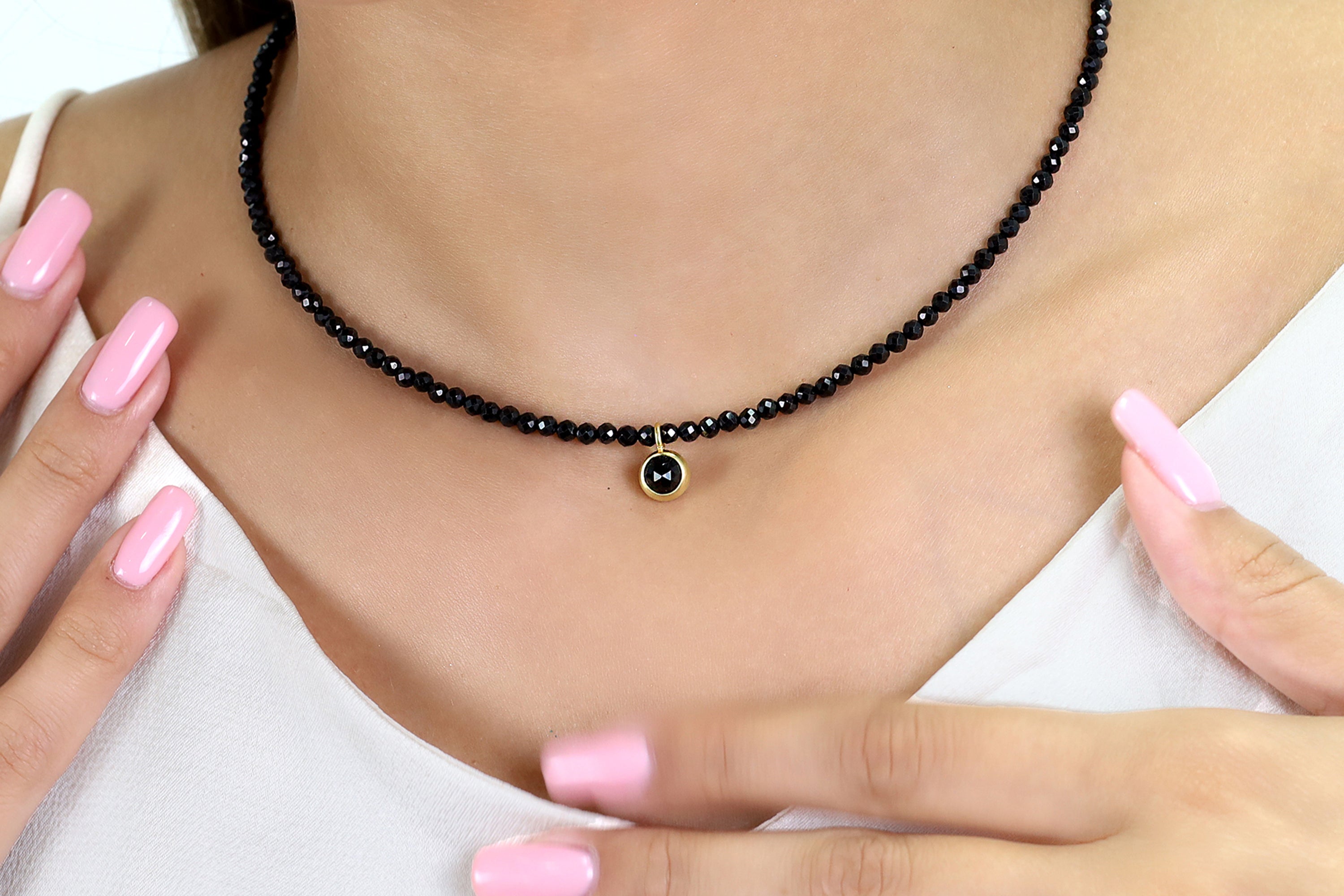 Gold Onyx Round Bezel Pendant Spinel Beaded Necklace necklaces Anemone Limited