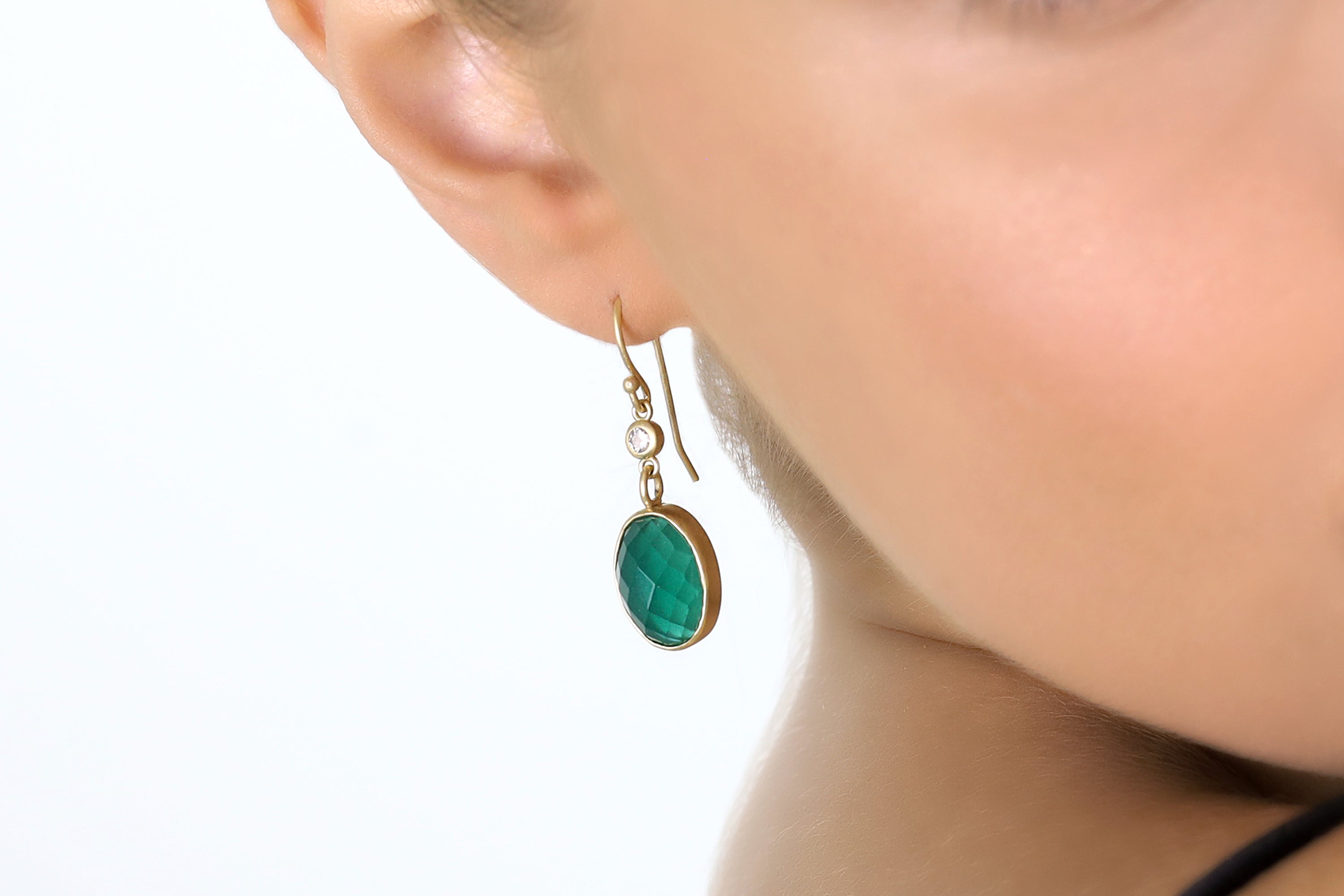 Green Onyx Gemstone Dangle Gold Earrings with CZ Earrings Anemone Limited