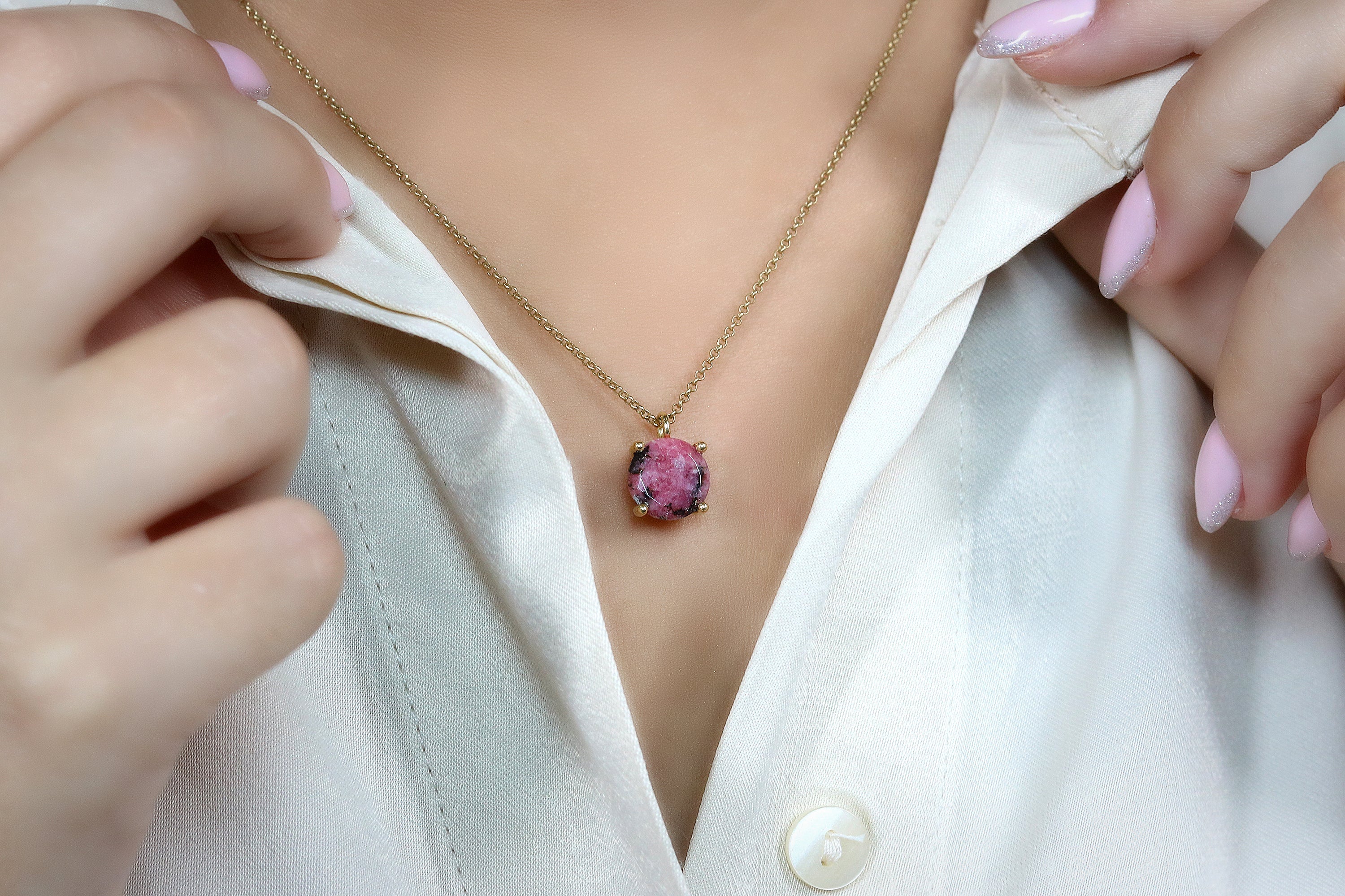 Pink Rhodonite Crystal Gold Necklace necklaces Anemone Unique