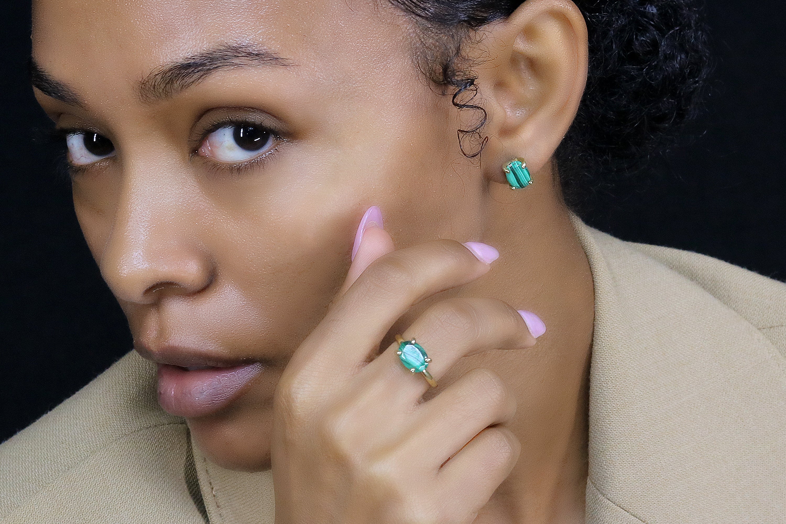 Vibrant Oval Malachite Gold Earrings Earrings Anemone Unique