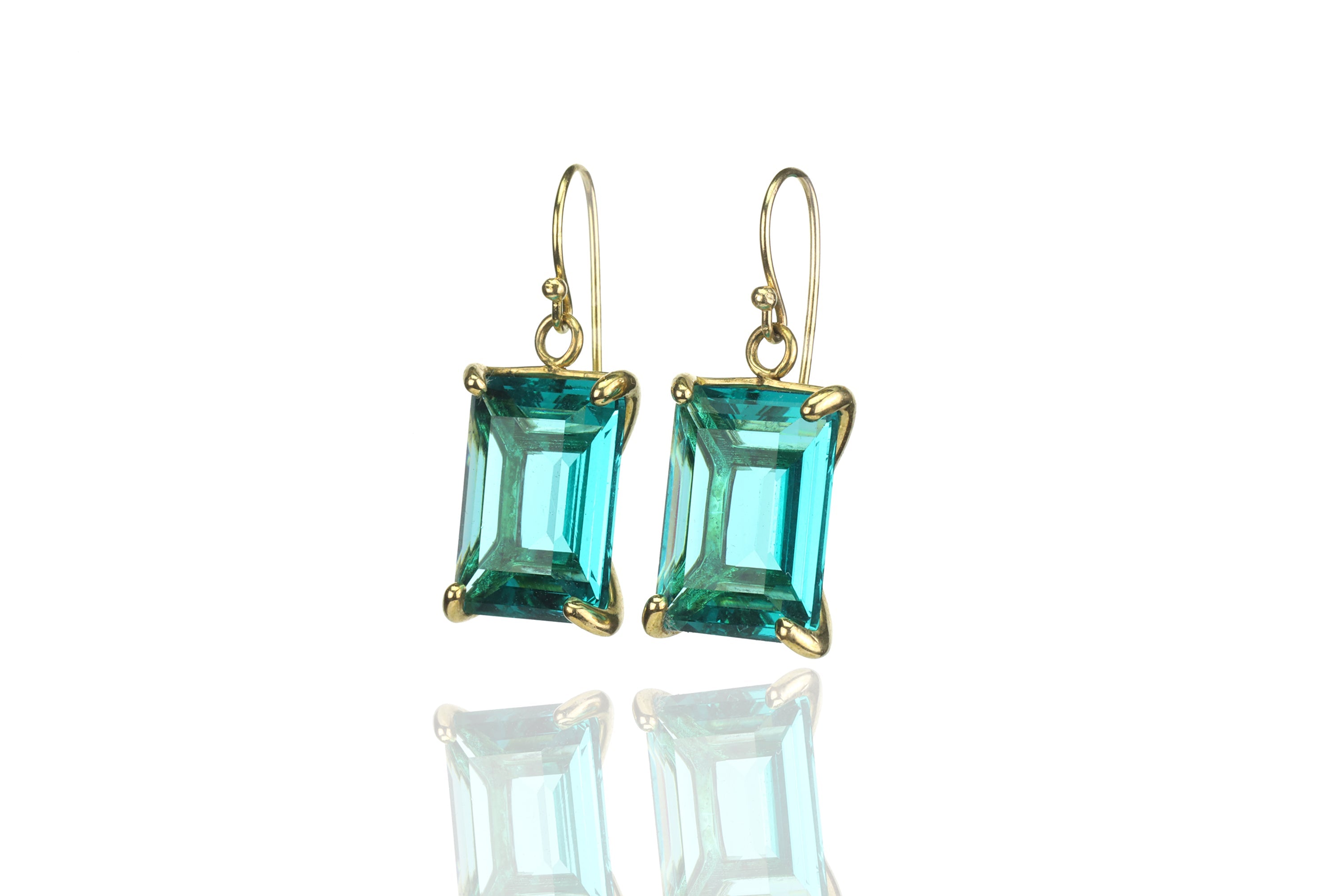 Blue Tourmaline Rectangular Gemstone Gold Dangle Earrings Earrings Anemone Jewelry