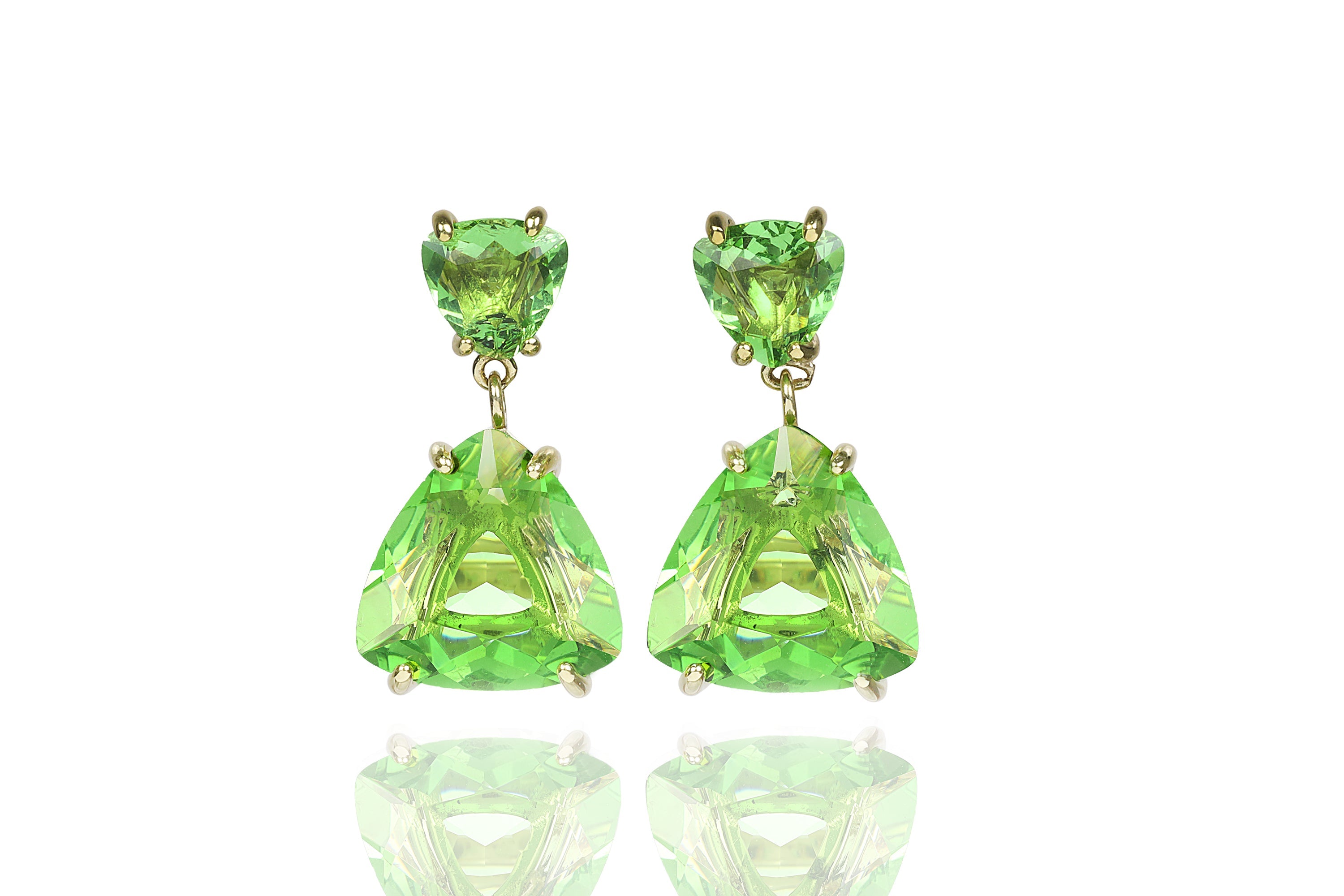 Trillion Cut Long Green Tourmaline Gold Earrings Earrings Anemone Jewelry