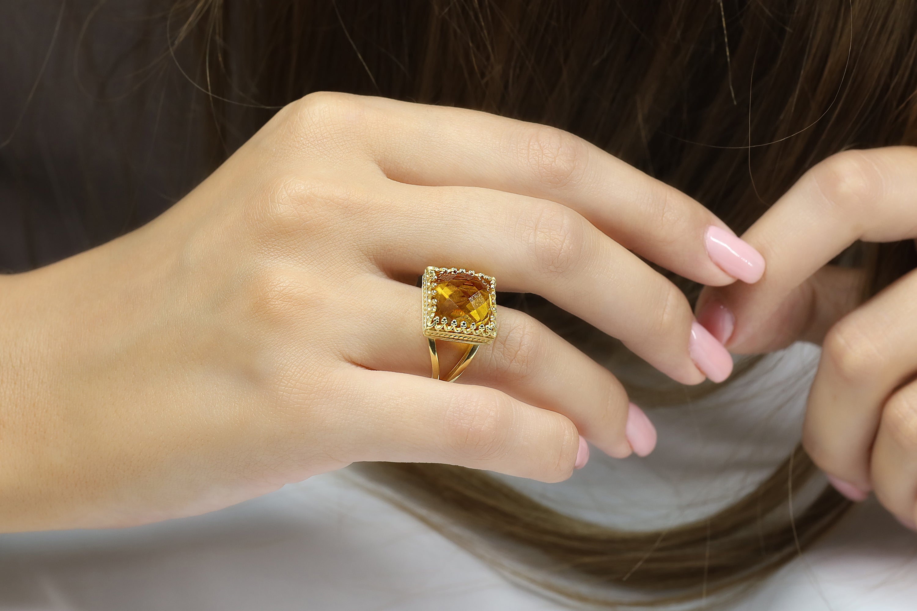 10CT Citrine Ring in 14K Gold-filled Double Band Rings Anemone Jewelry
