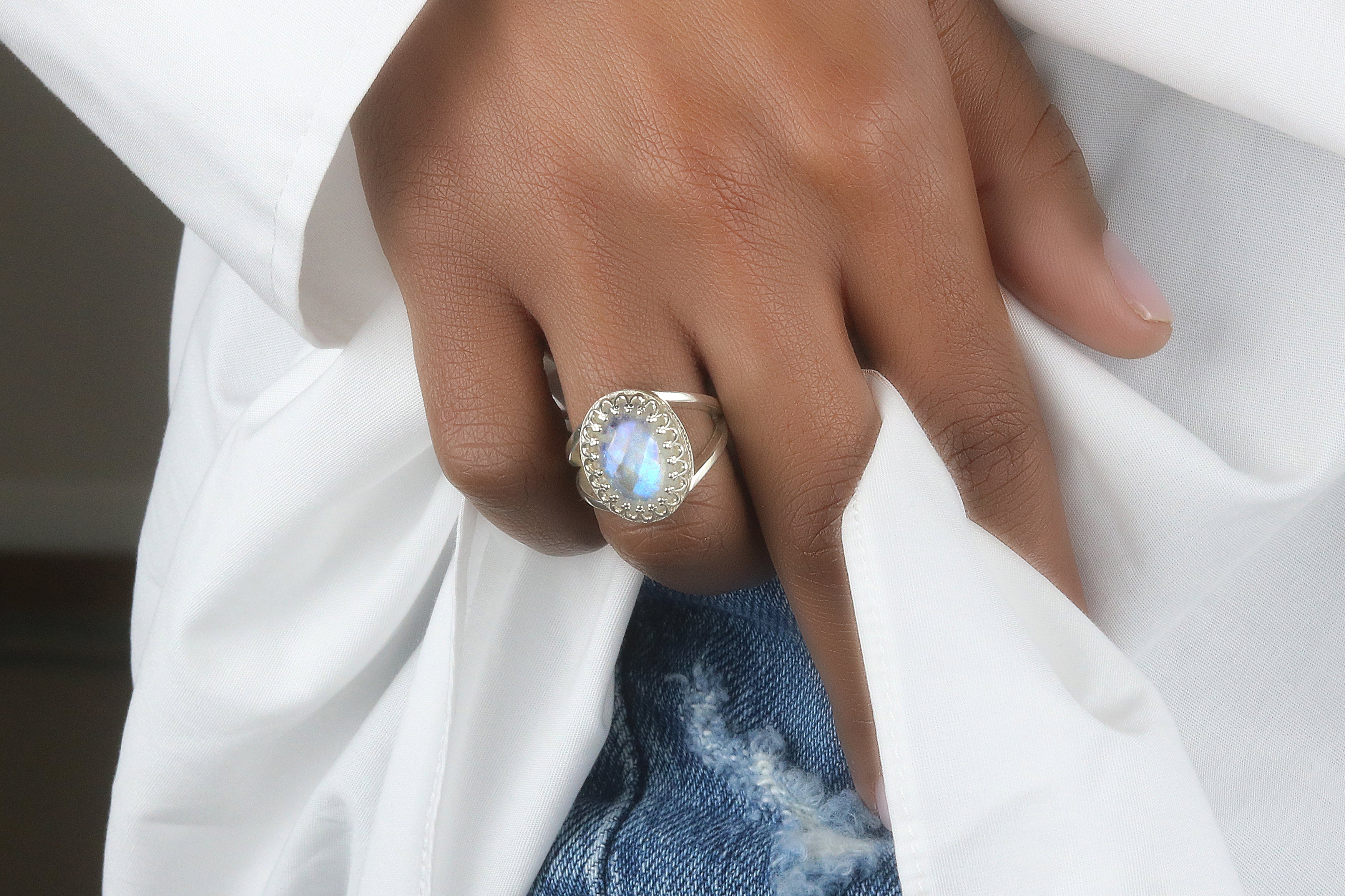 Iridescent Sterling Silver Moonstone Ring Rings Anemone Jewelry