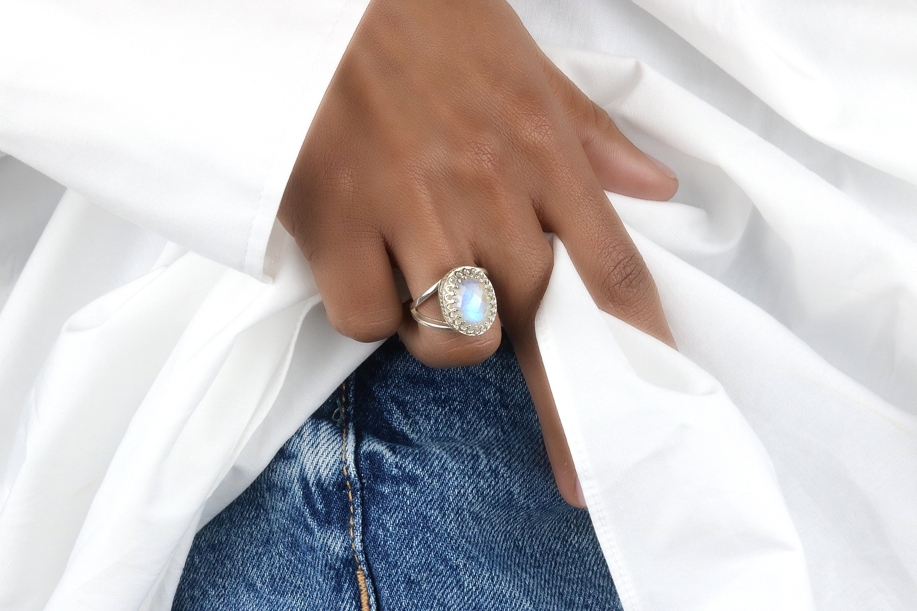 Iridescent Sterling Silver Moonstone Ring Rings Anemone Jewelry