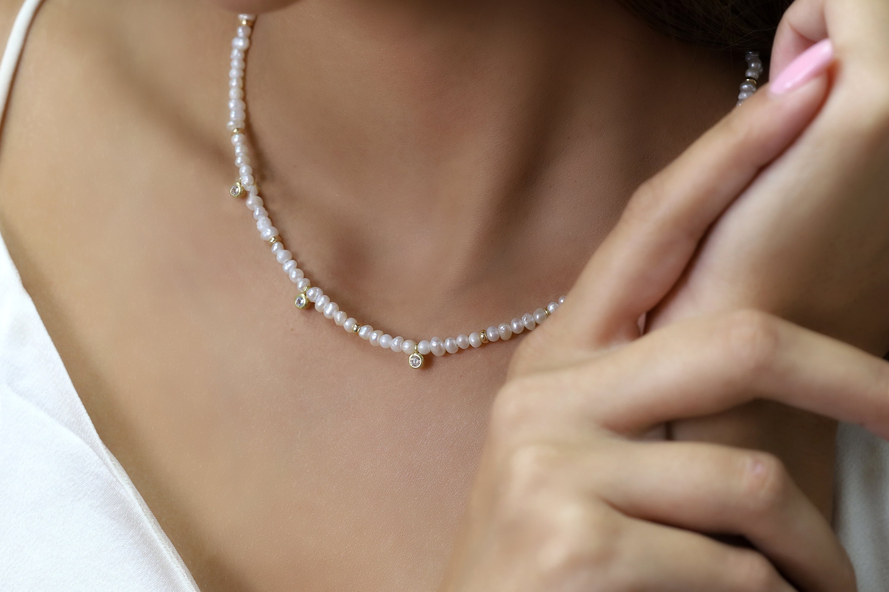Freshwater Pearl Beaded Gold Necklace with CZ Charm necklaces Anemone Unique